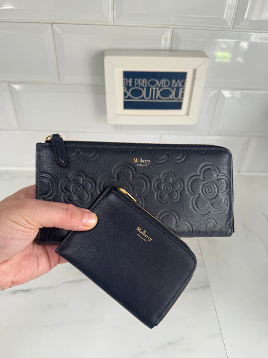 Mulberry Flower Embossed Long Zip around Purse and Card Holder - Navy Blue