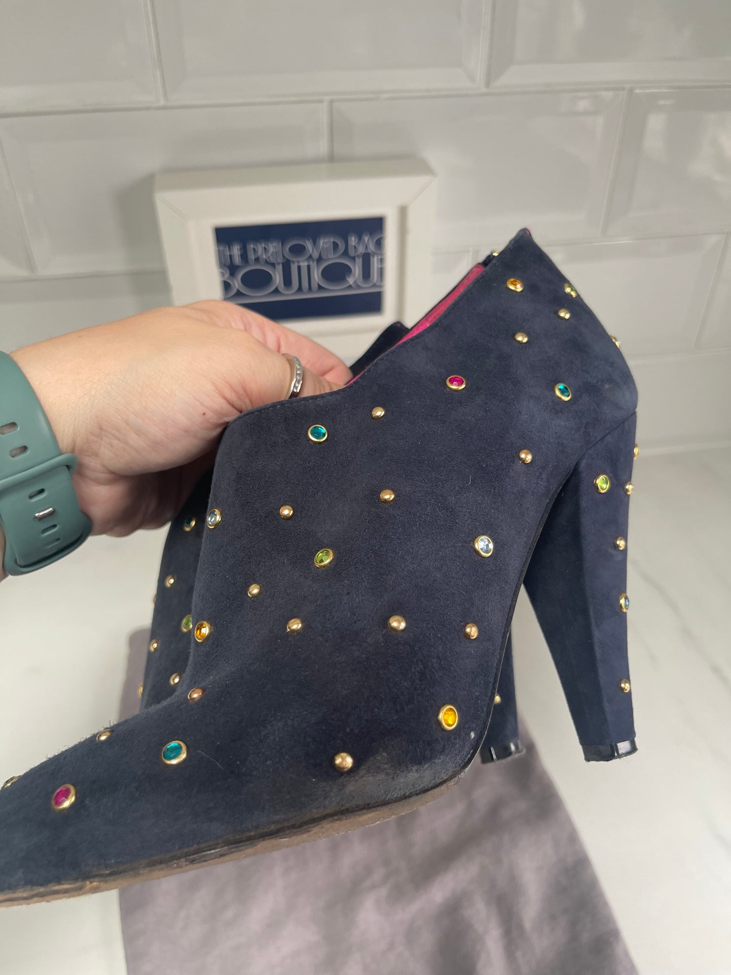 Mulberry Navy Suede Shoe Boots with Multicolored Studded Gems
