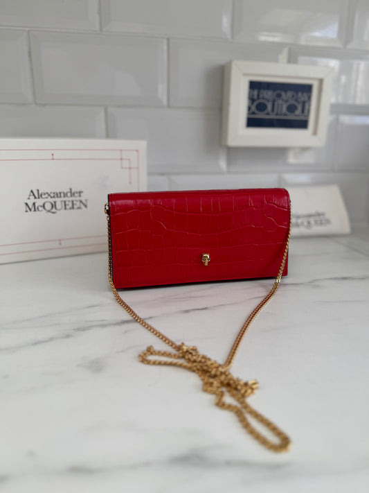 Alexander McQueen Small Skull Croc Embossed WOC - Red