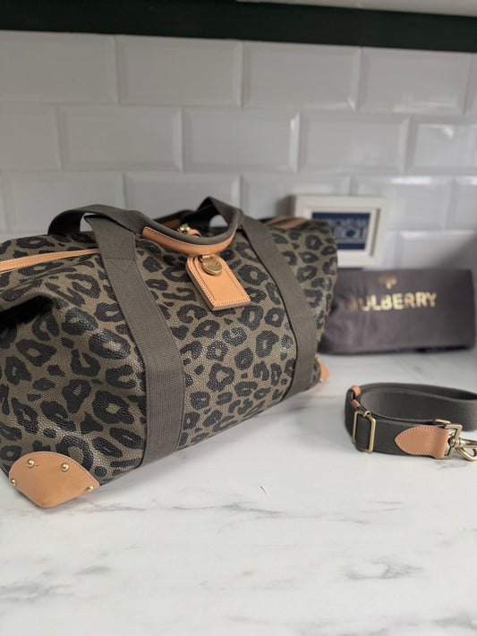 Mulberry Limited Edition Scotchgrain Birds Nest Large Clipper Holdall - Olive Green and Black Leopard Print