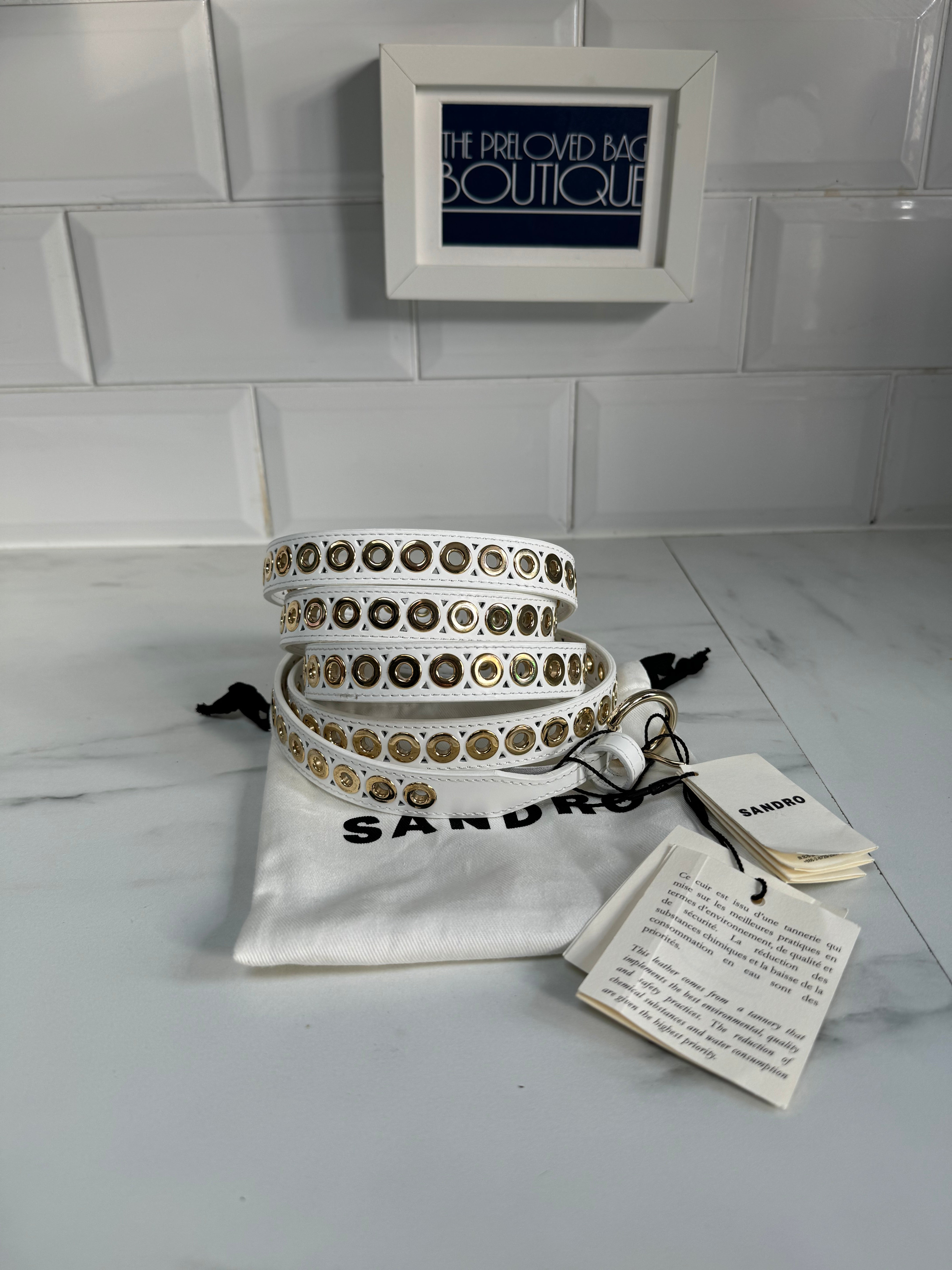 Sandro Adelia White Leathet Belt With Gold Eyelet Embellishments Sandro Leather Adelia Belt - White – The Preloved Bag Boutique main image 4