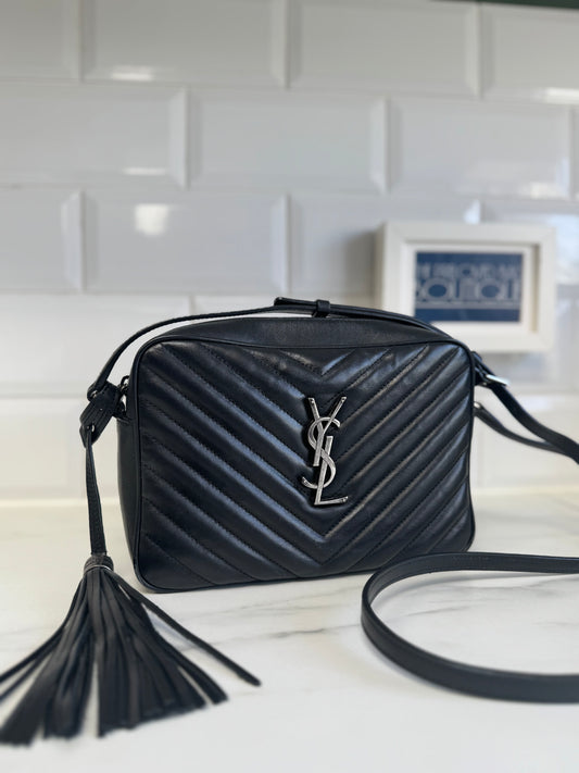 Saint Laurent (YSL) Lou Quilted Camera Bag with Tassels & Liner - Black