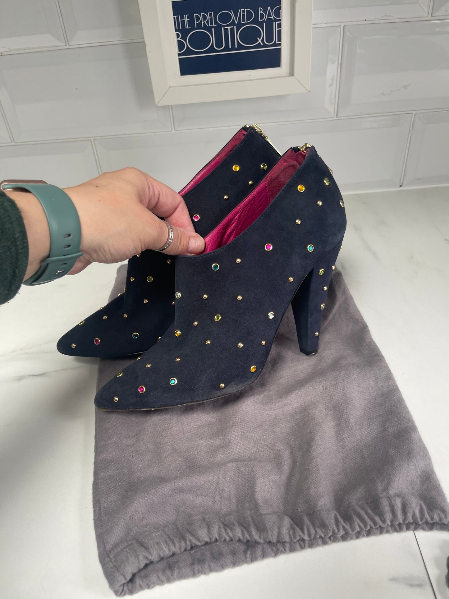 Mulberry Navy Suede Shoe Boots with Multicolored Studded Gems