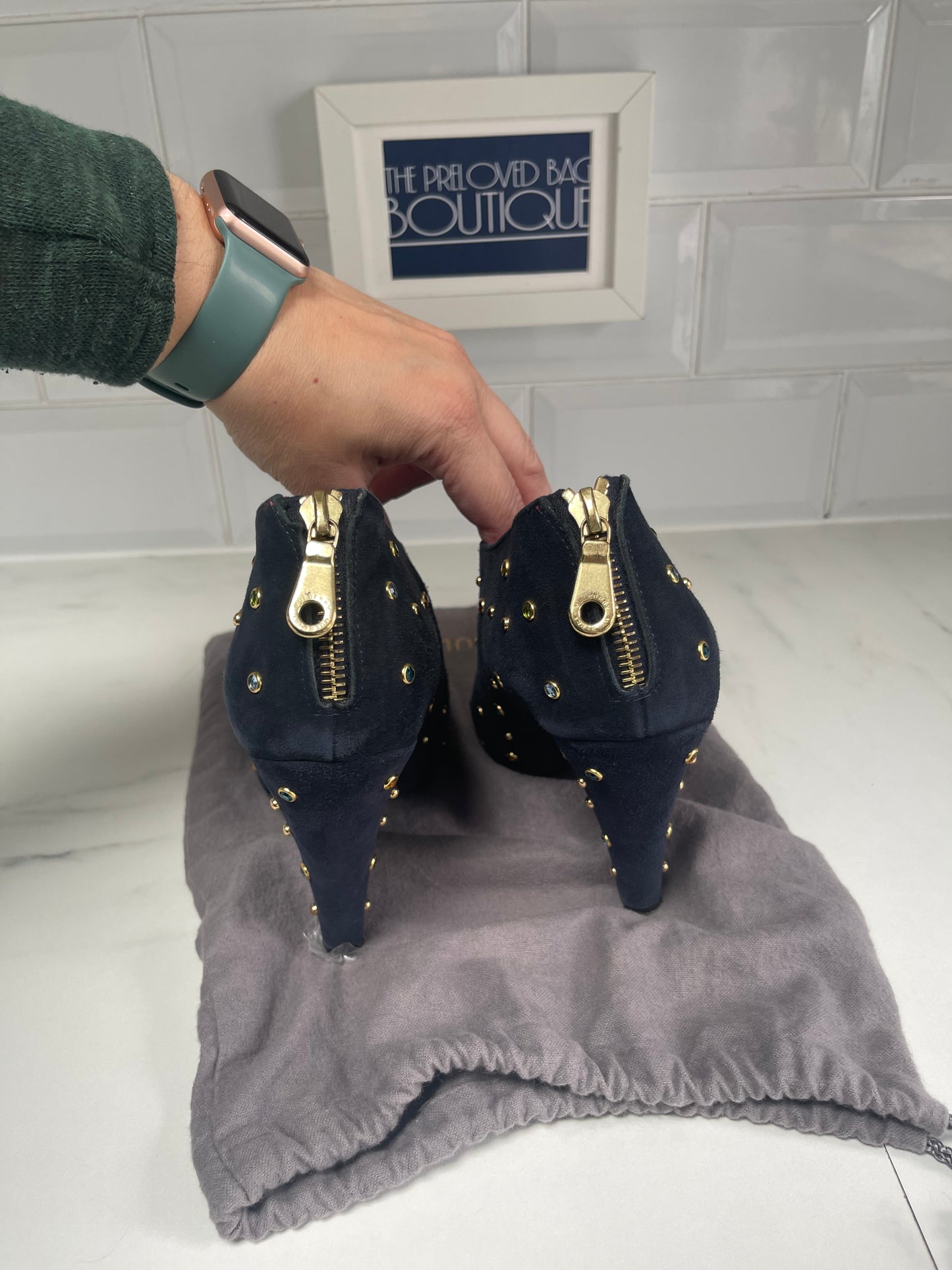 Mulberry Navy Suede Shoe Boots with Multicolored Studded Gems