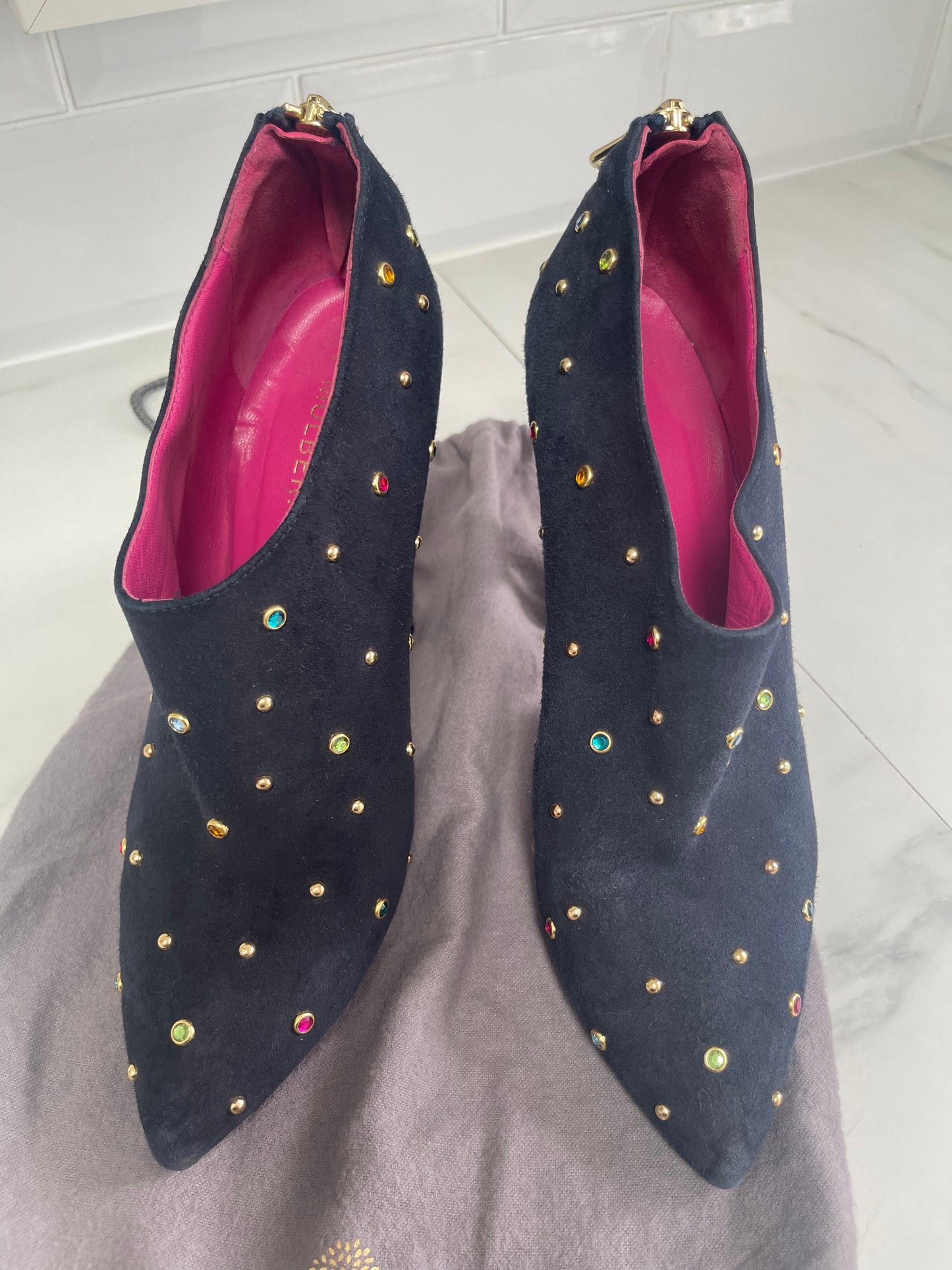 Mulberry Navy Suede Shoe Boots with Multicolored Studded Gems
