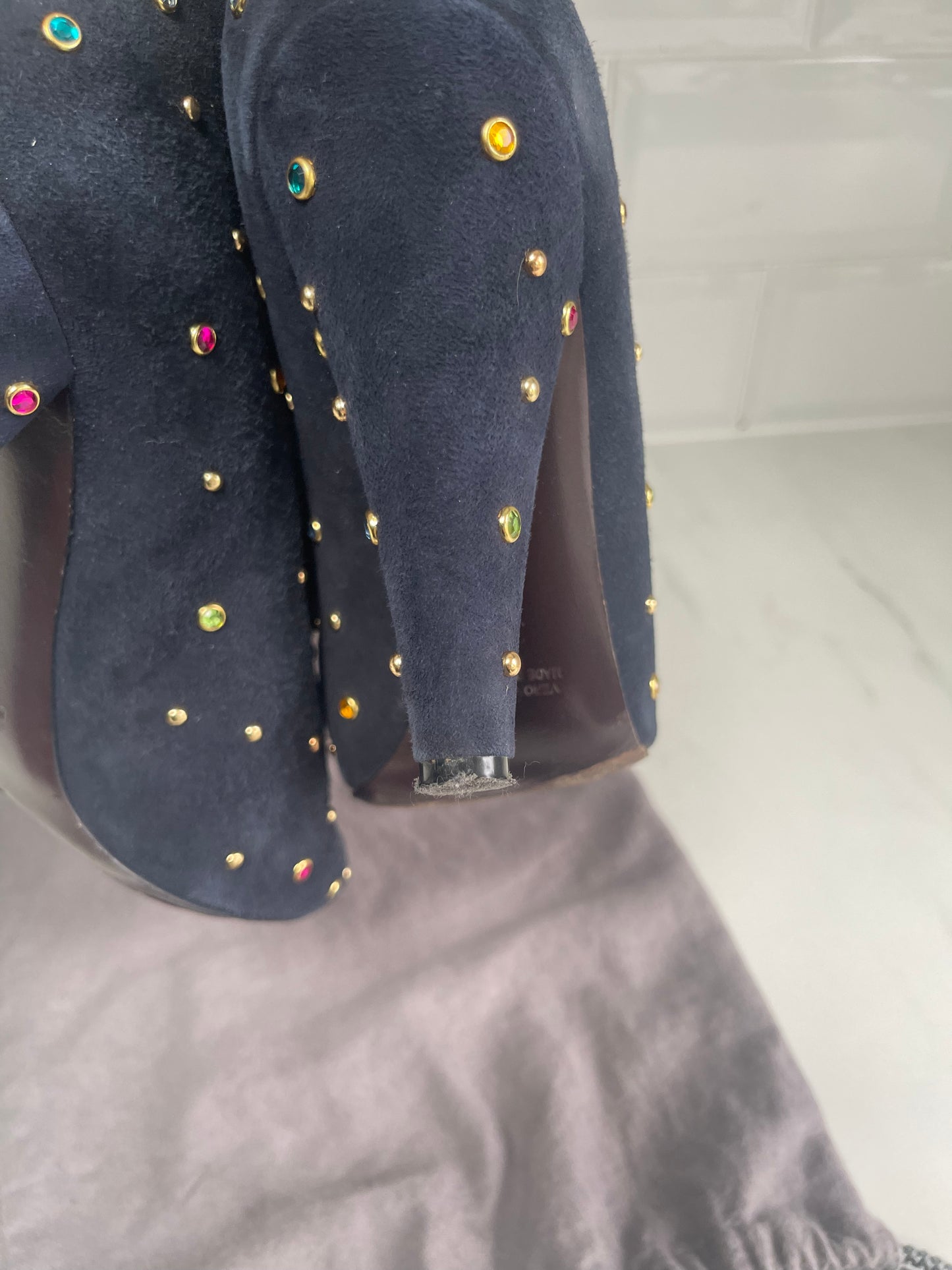 Mulberry Navy Suede Shoe Boots with Multicolored Studded Gems