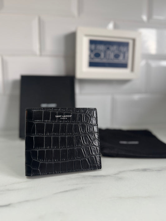 Saint Laurent (YSL) Croc Embossed Card Holder/Wallet - Black