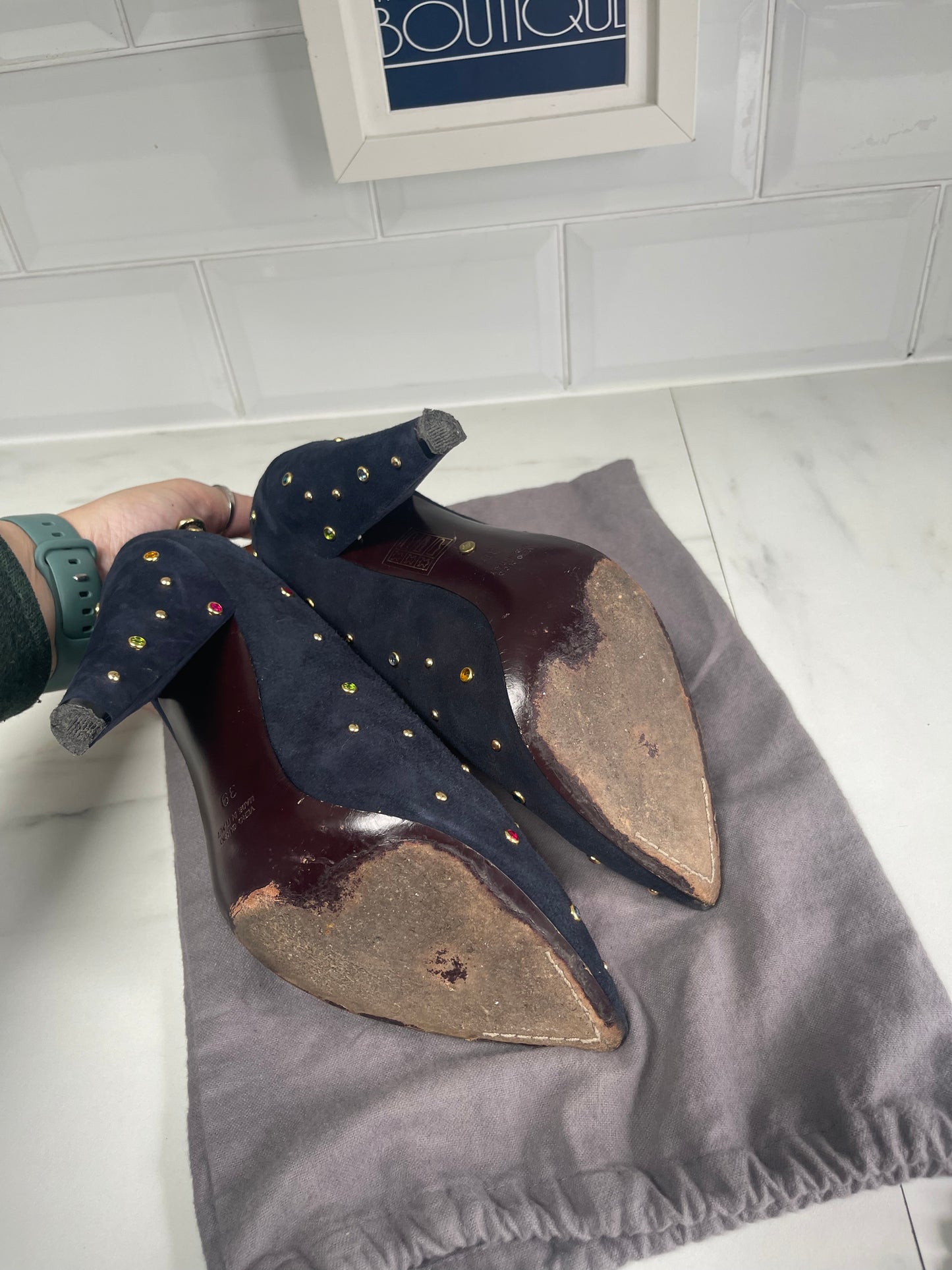 Mulberry Navy Suede Shoe Boots with Multicolored Studded Gems