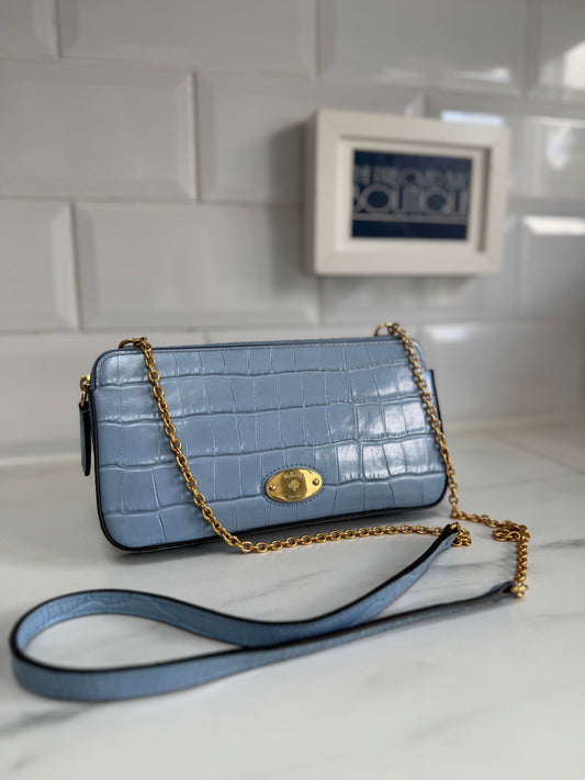 Mulberry Plaque WOC (wallet on a chain) - Cornflower Blue croc embossed