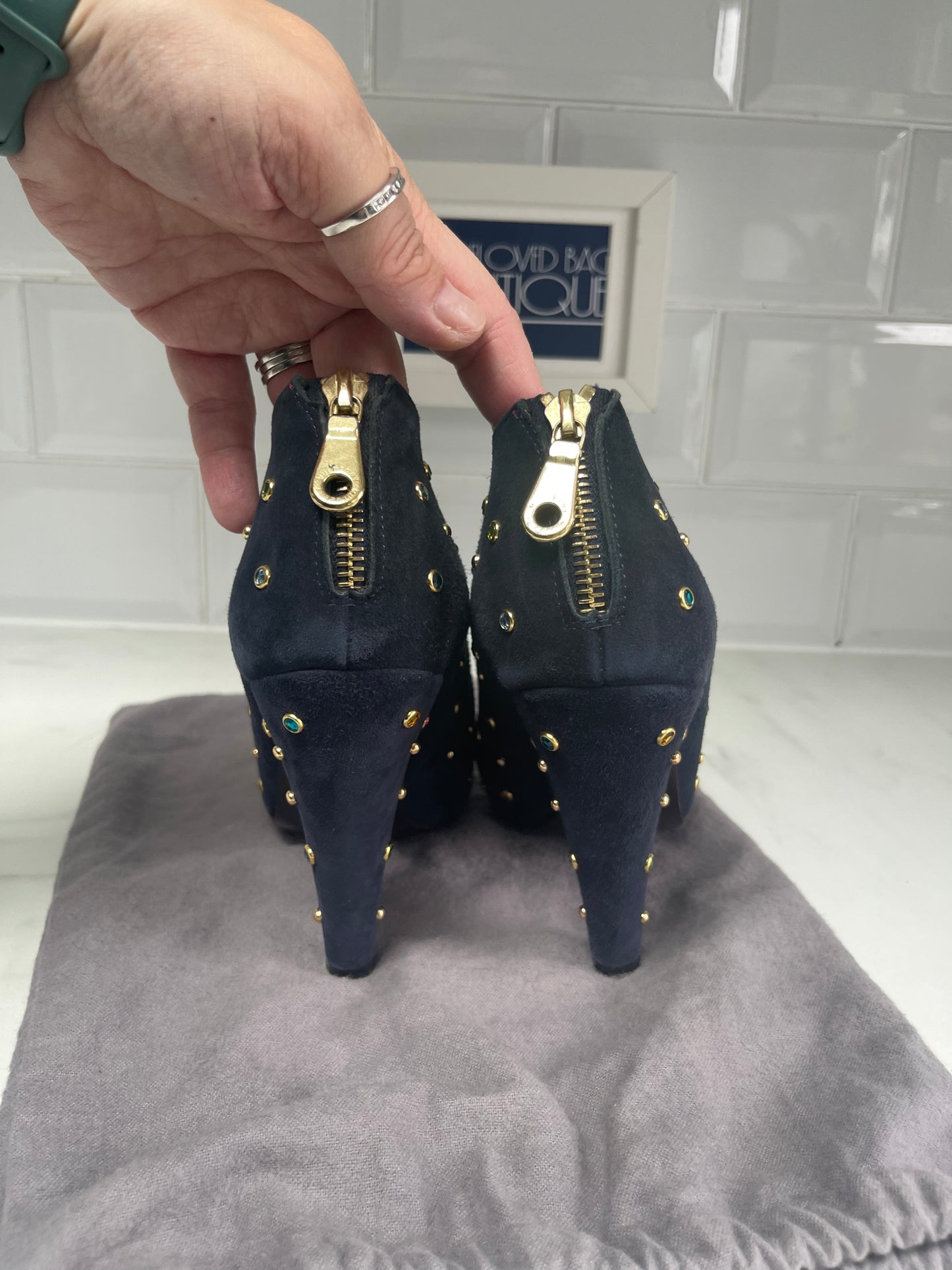 Mulberry Navy Suede Shoe Boots with Multicolored Studded Gems