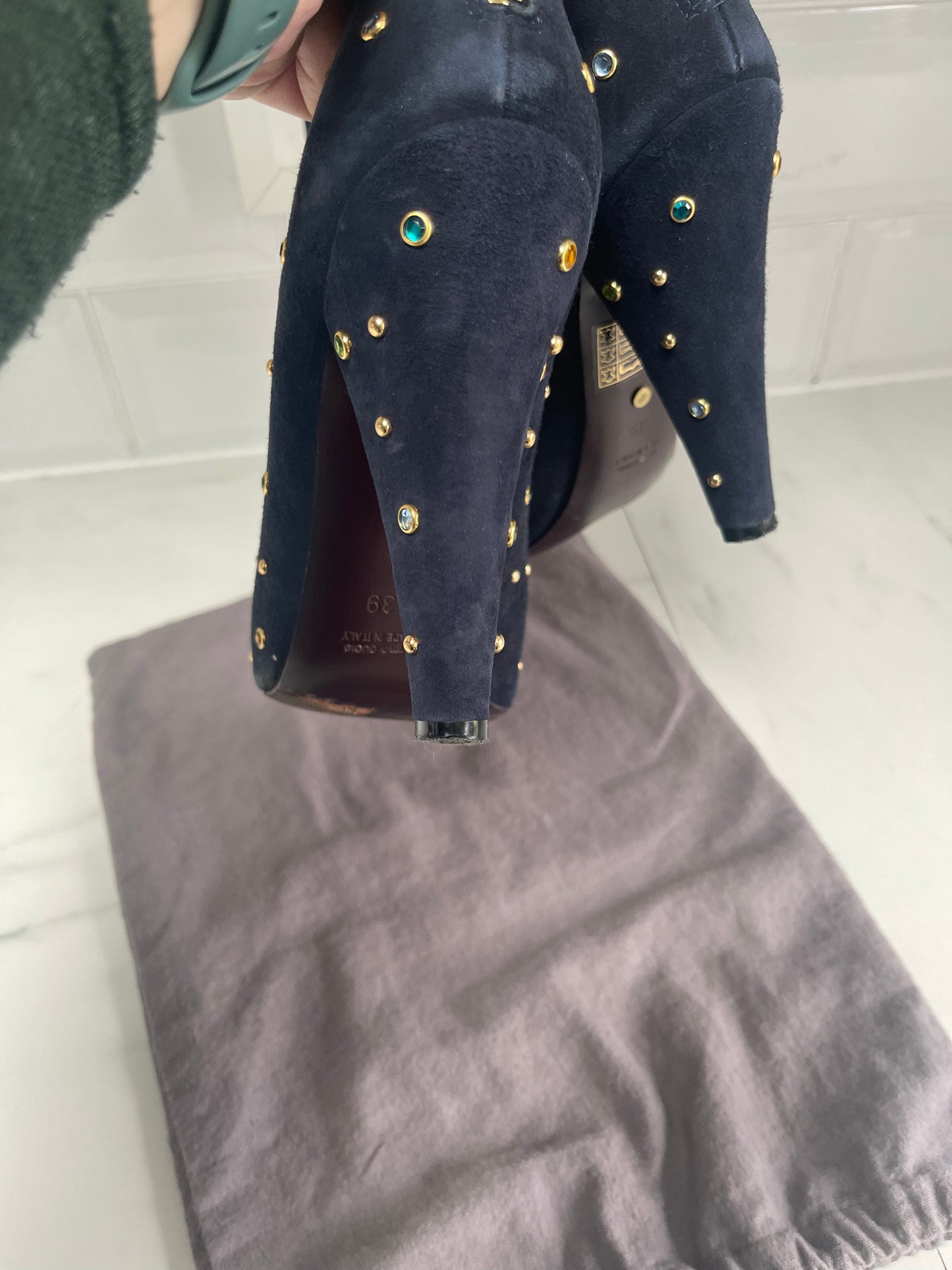 Mulberry Navy Suede Shoe Boots with Multicolored Studded Gems