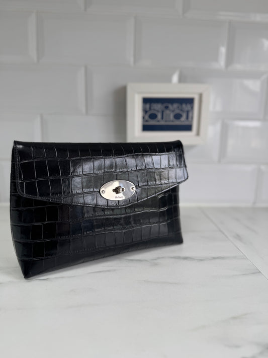 Mulberry Darley Cosmetic Pouch - Shiny Black Croc Embossed