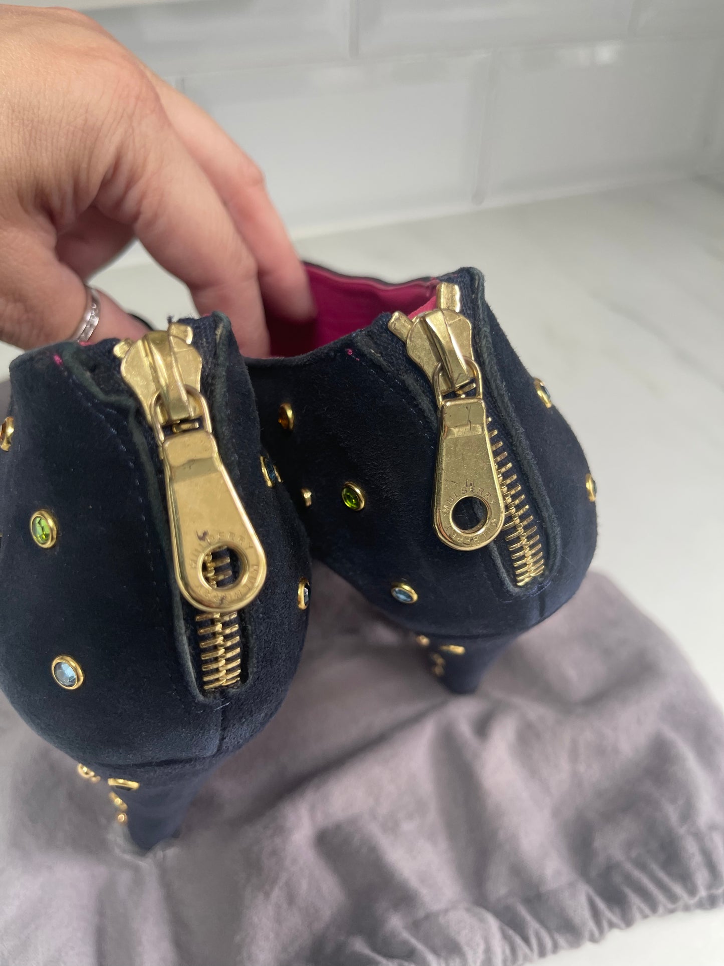 Mulberry Navy Suede Shoe Boots with Multicolored Studded Gems