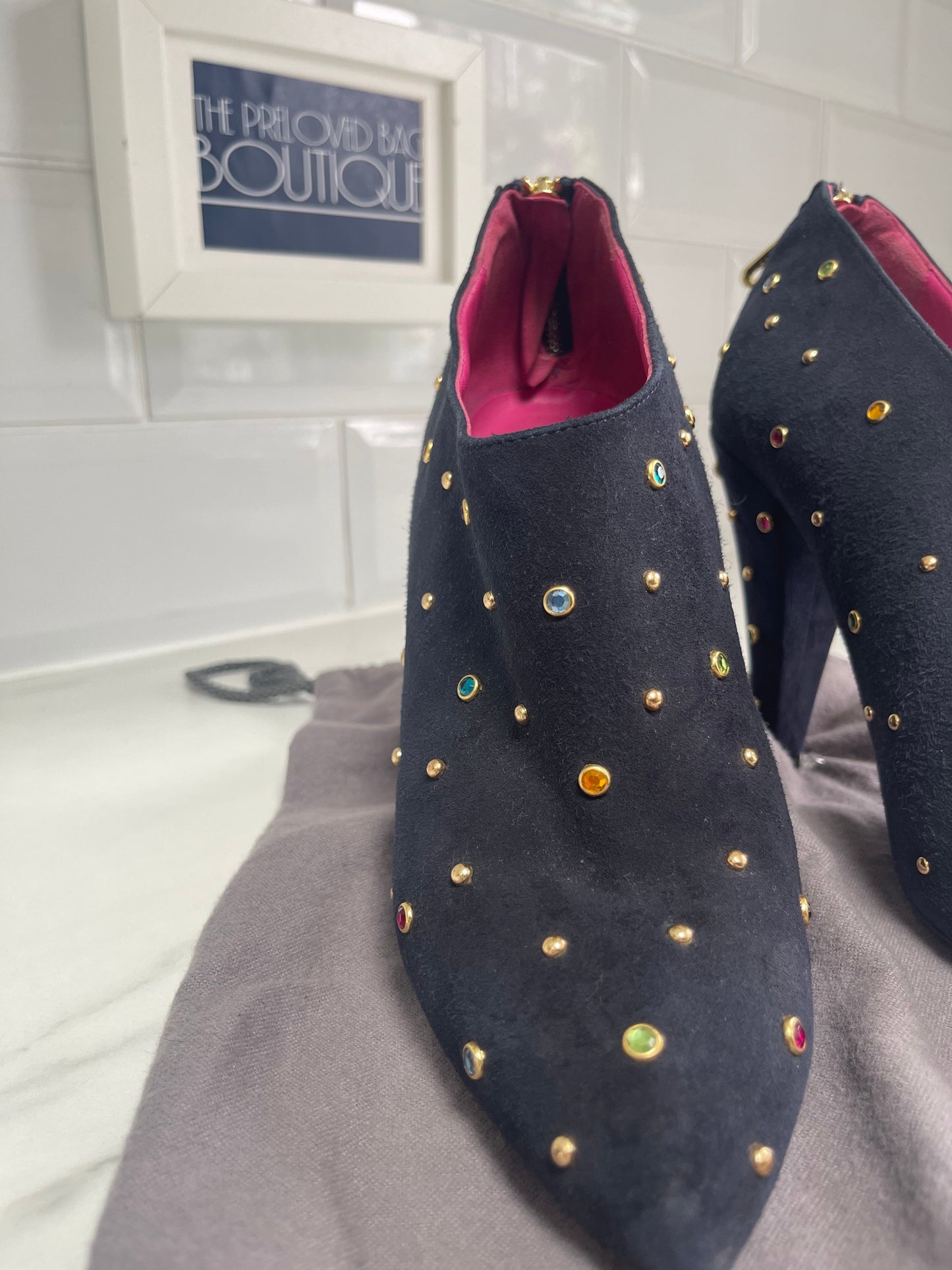 Mulberry Navy Suede Shoe Boots with Multicolored Studded Gems