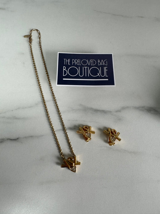 YSL Rhinestone Heart Earrings - Gold