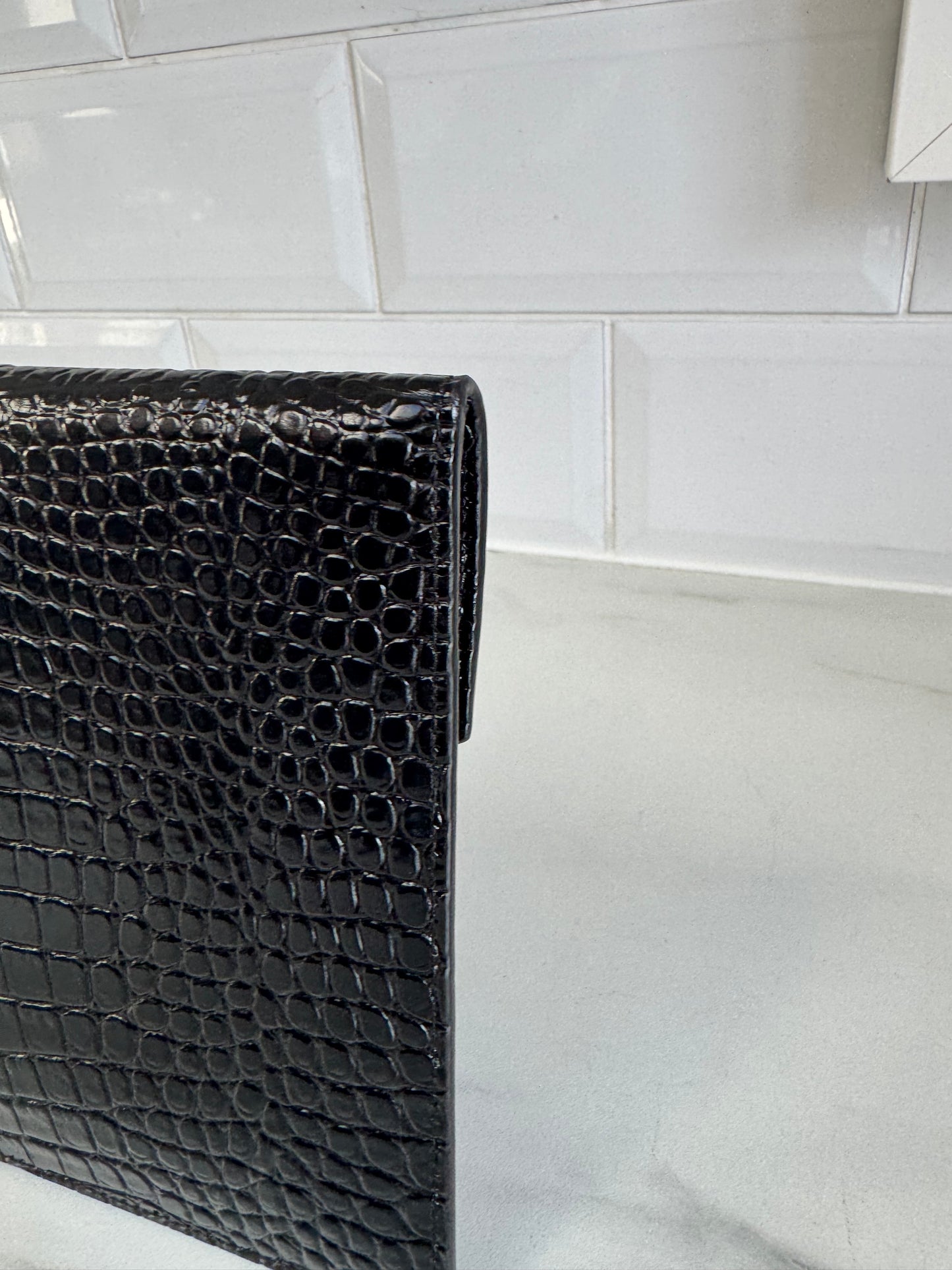 Saint Laurent (YSL) Croc Embossed Uptown Envelope Pouch - Black