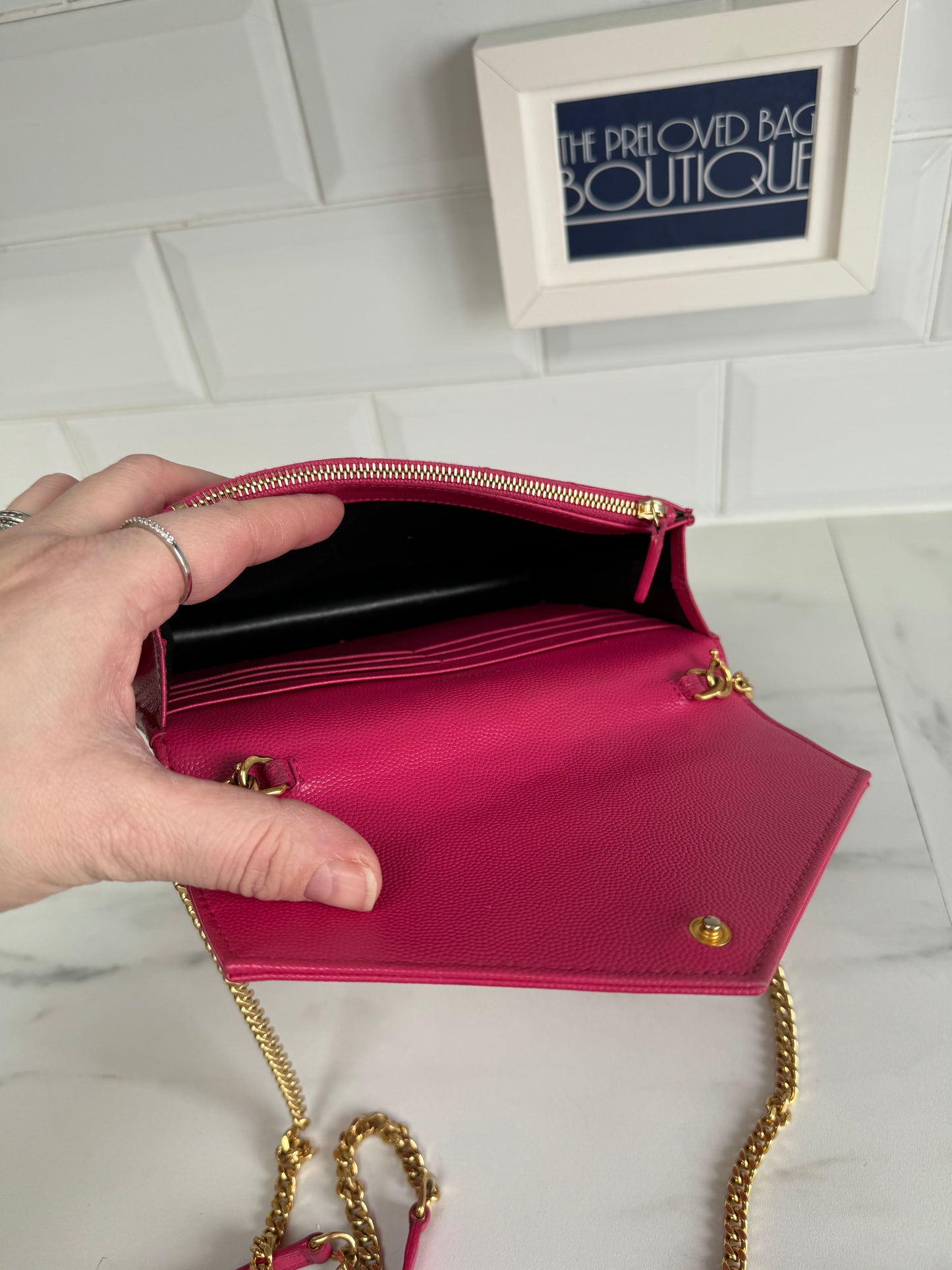 YSL/Saint Laurent Paris Cassandre Envelope Chain Wallet - Fuschia Pink