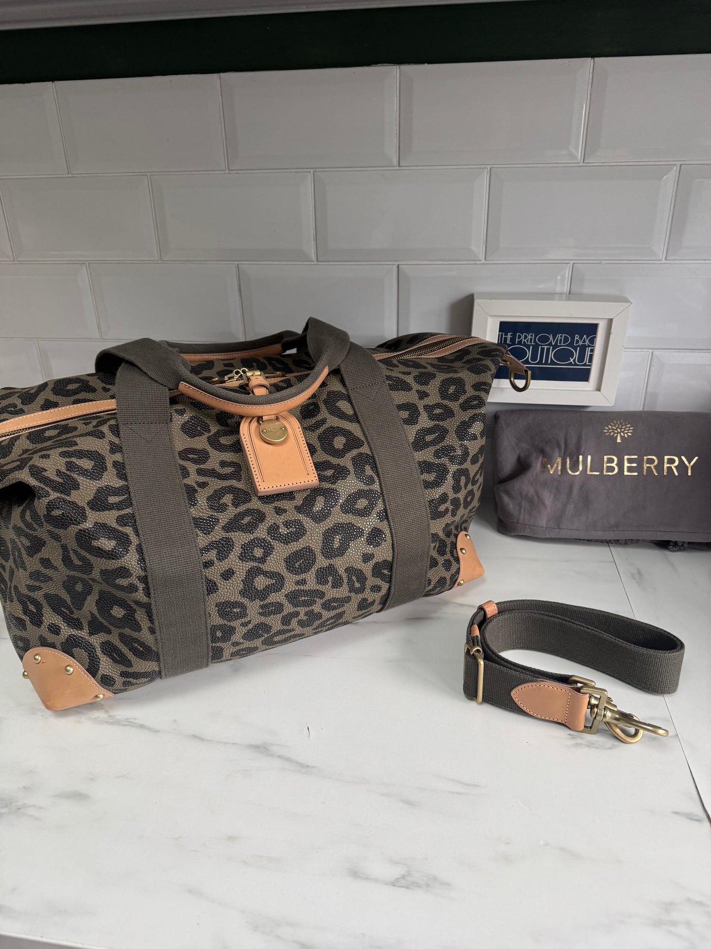 Mulberry Limited Edition Scotchgrain Birds Nest Large Clipper Holdall - Olive Green and Black Leopard Print
