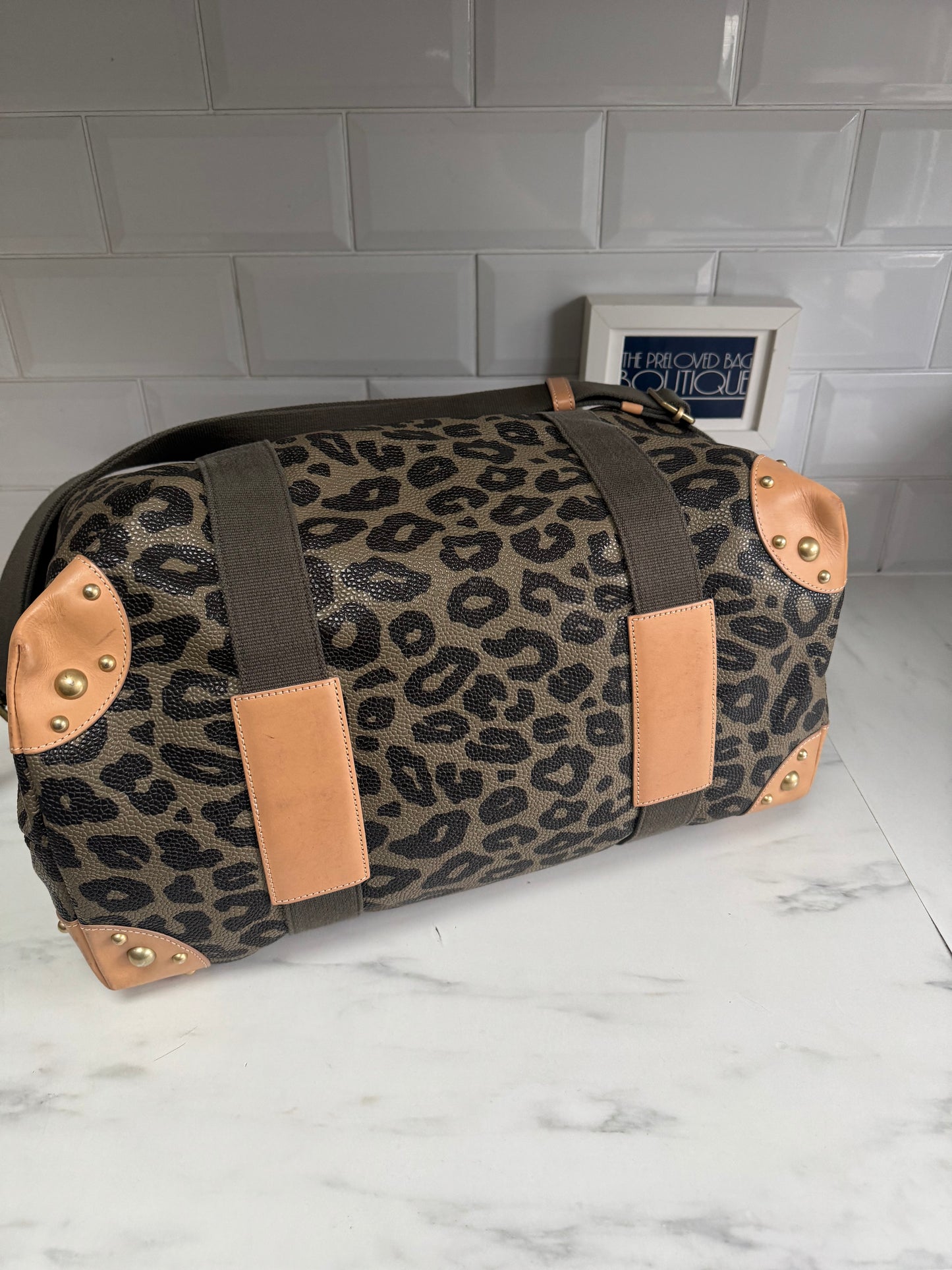 Mulberry Limited Edition Scotchgrain Birds Nest Large Clipper Holdall - Olive Green and Black Leopard Print