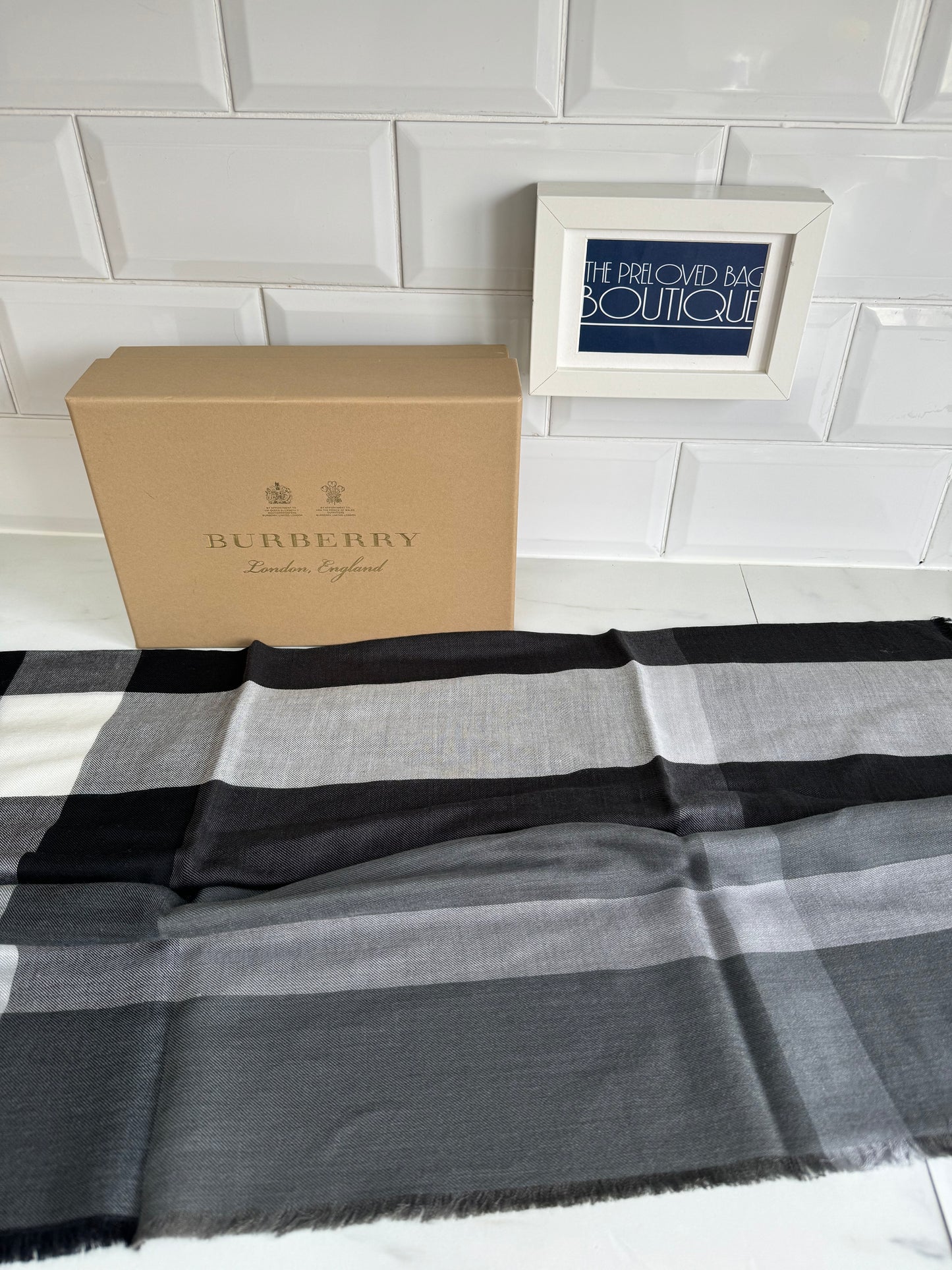 Burberry Scarf/Shawl - White, Black & Grey