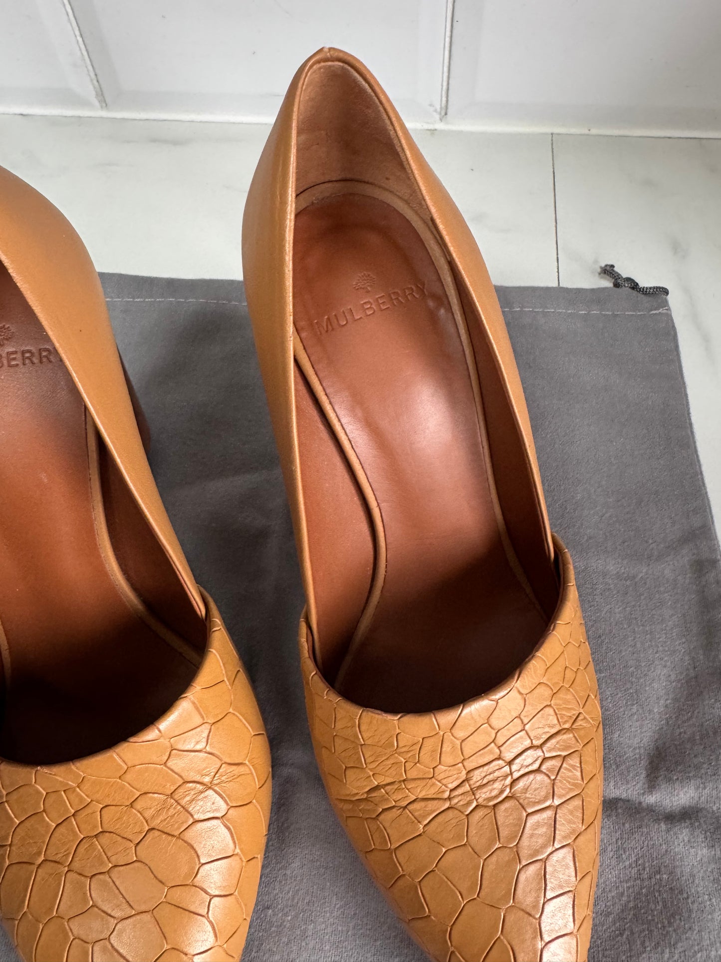 Mulberry Croc Nappa Leather Wooden Heels - Camel