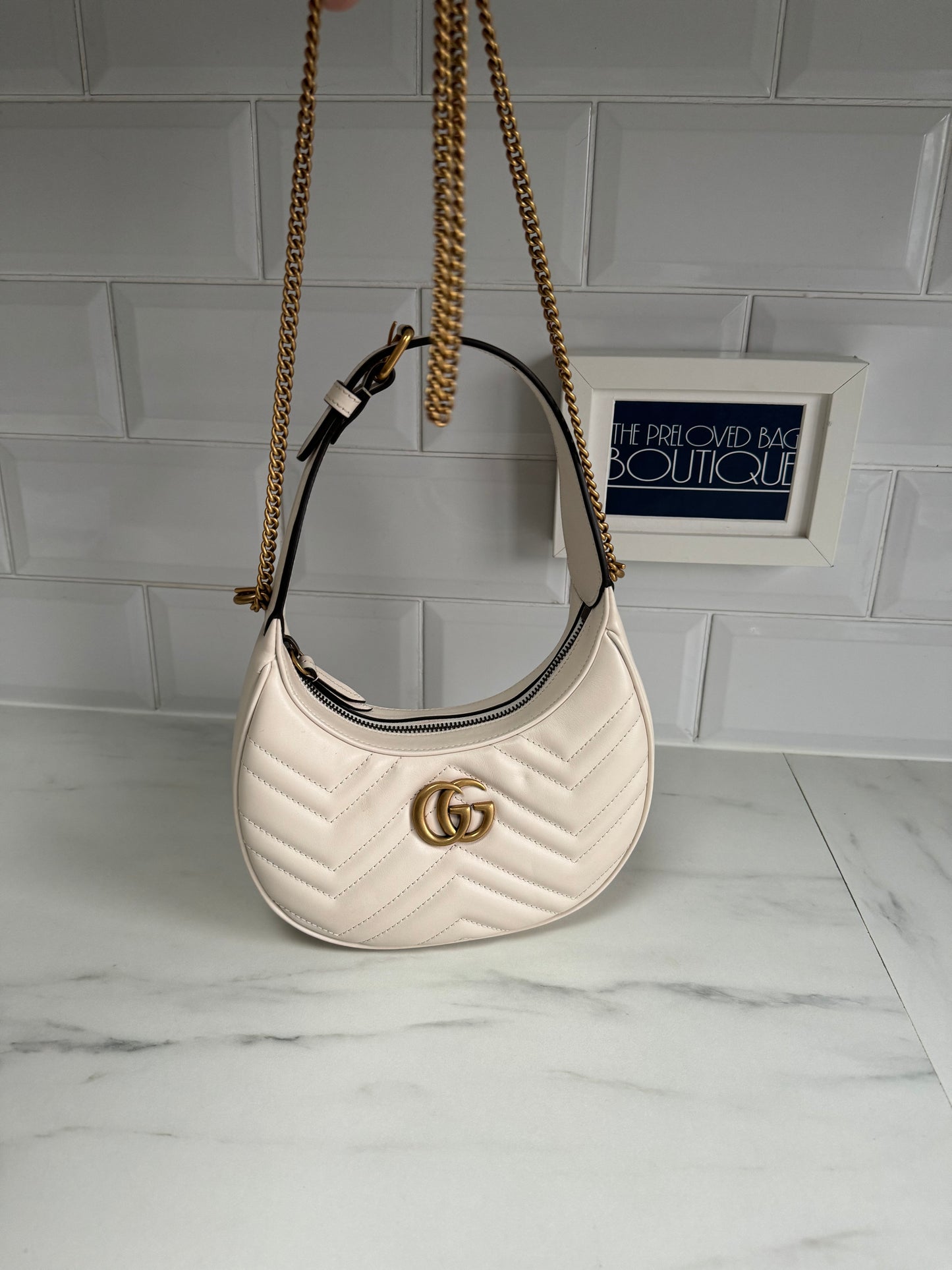 Gucci Marmont Half Moon Shaped Mini Bag - White