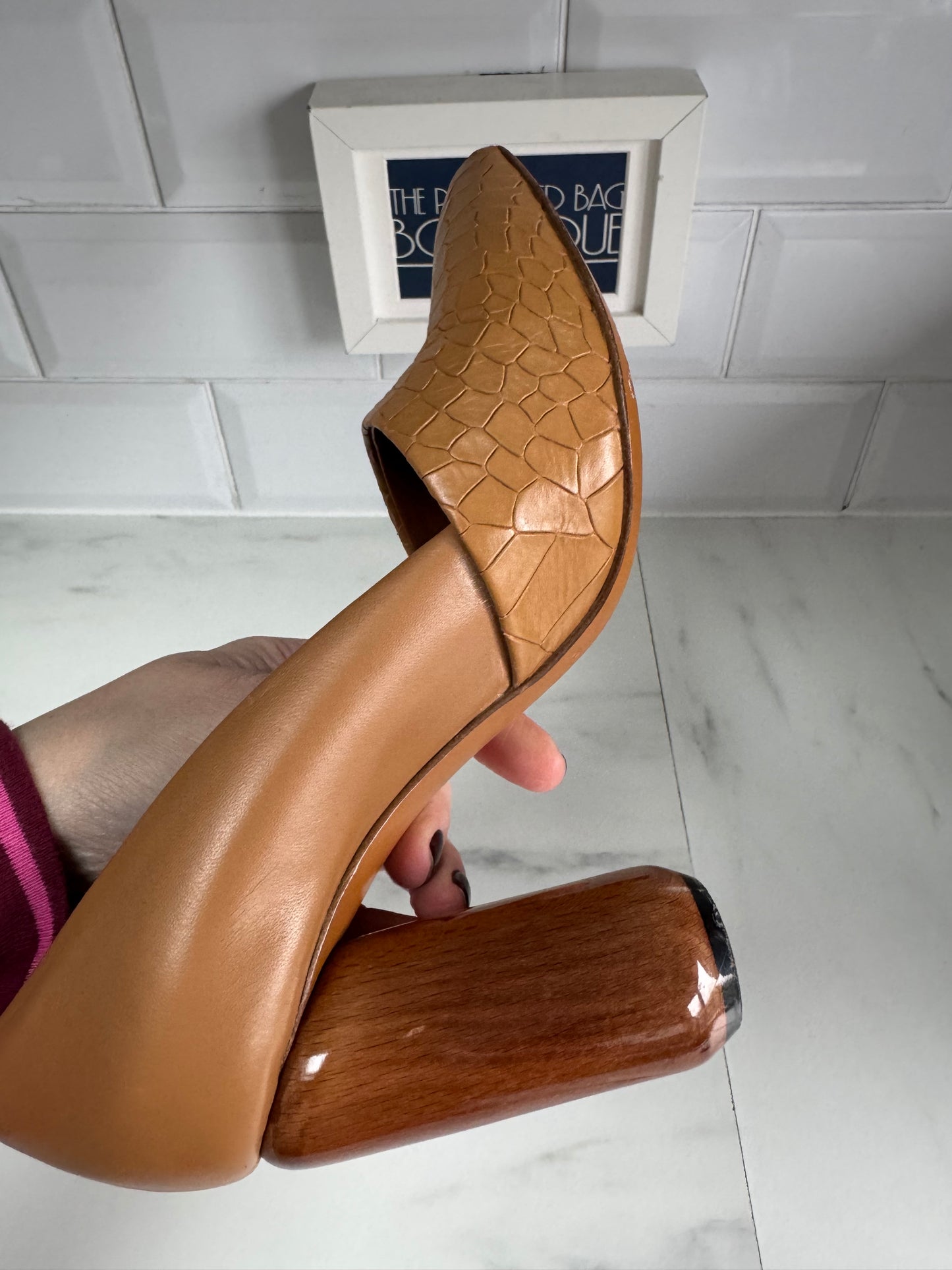 Mulberry Croc Nappa Leather Wooden Heels - Camel
