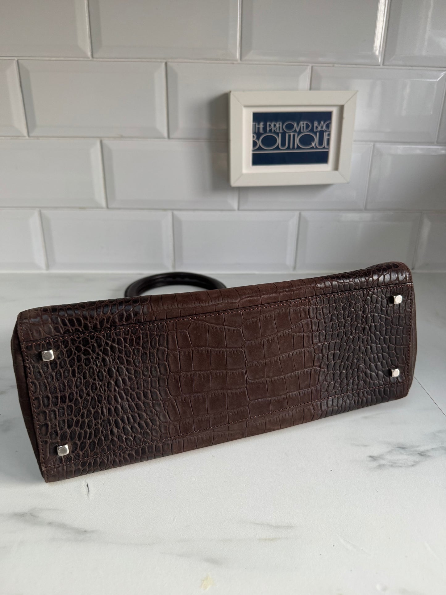 Salvatore Ferragamo Croc Embossed Tote - Chocolate brown