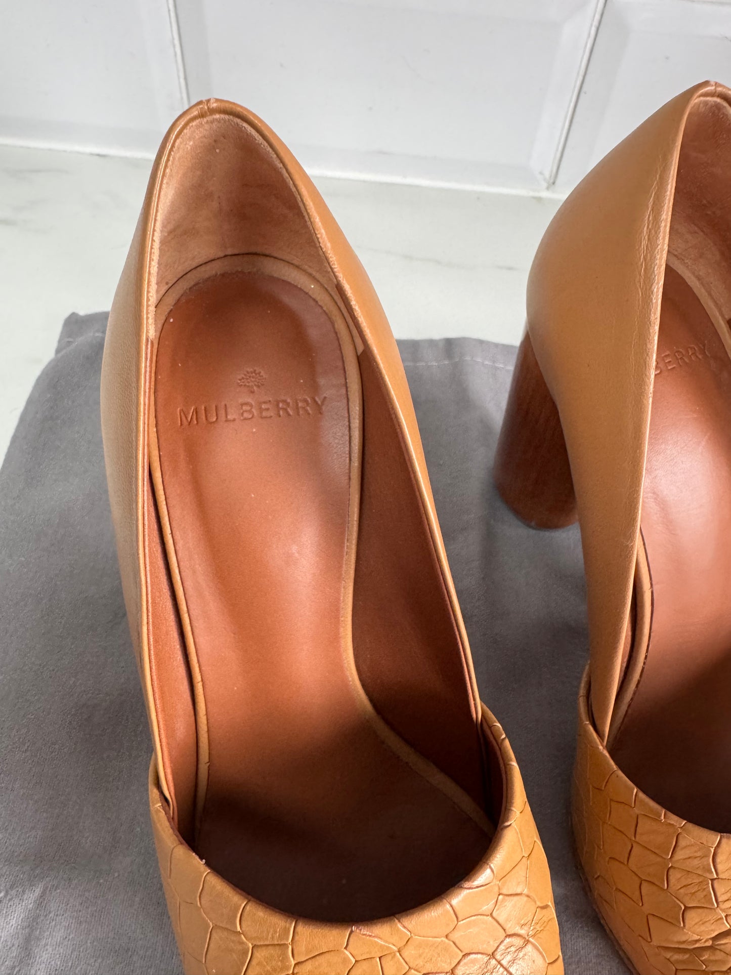 Mulberry Croc Nappa Leather Wooden Heels - Camel