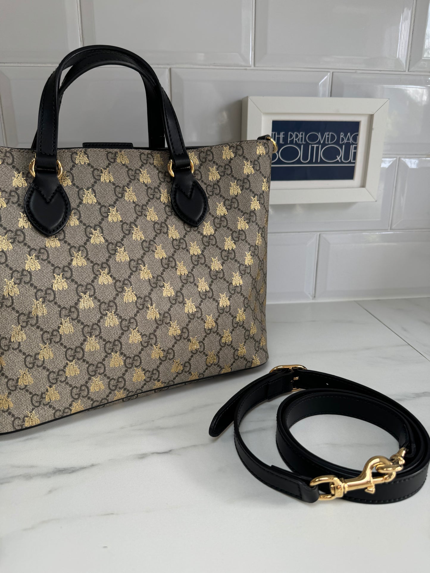 Gucci Limited Edition GGMonogram Supreme Bees Tote - Brown & Gold