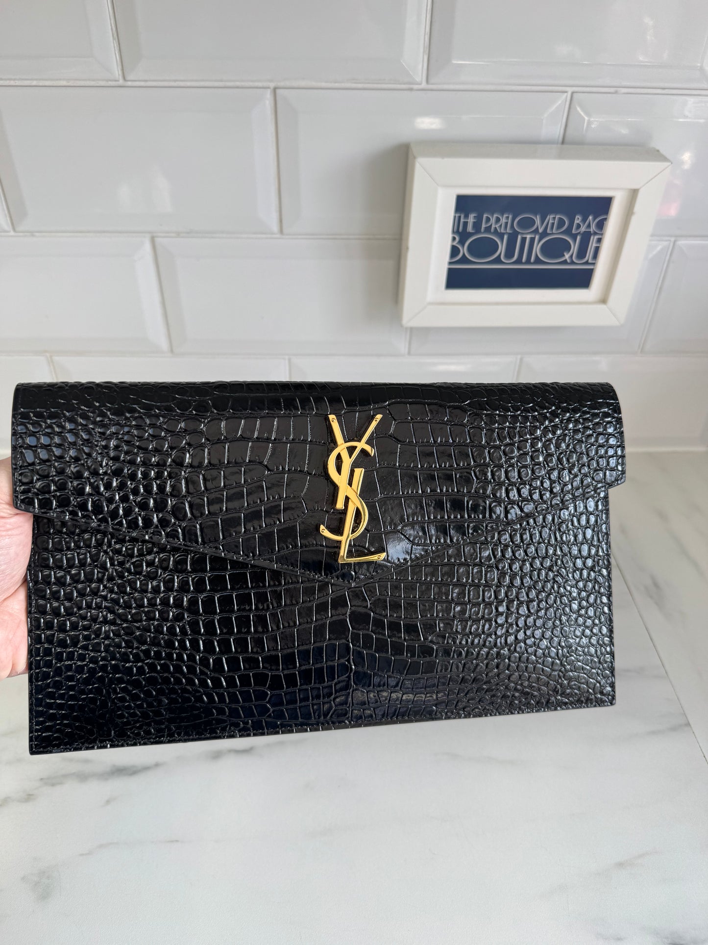 Saint Laurent (YSL) Croc Embossed Uptown Envelope Pouch - Black