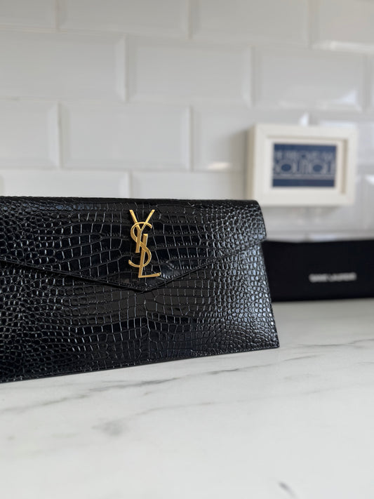 Saint Laurent (YSL) Croc Embossed Uptown Envelope Pouch - Black