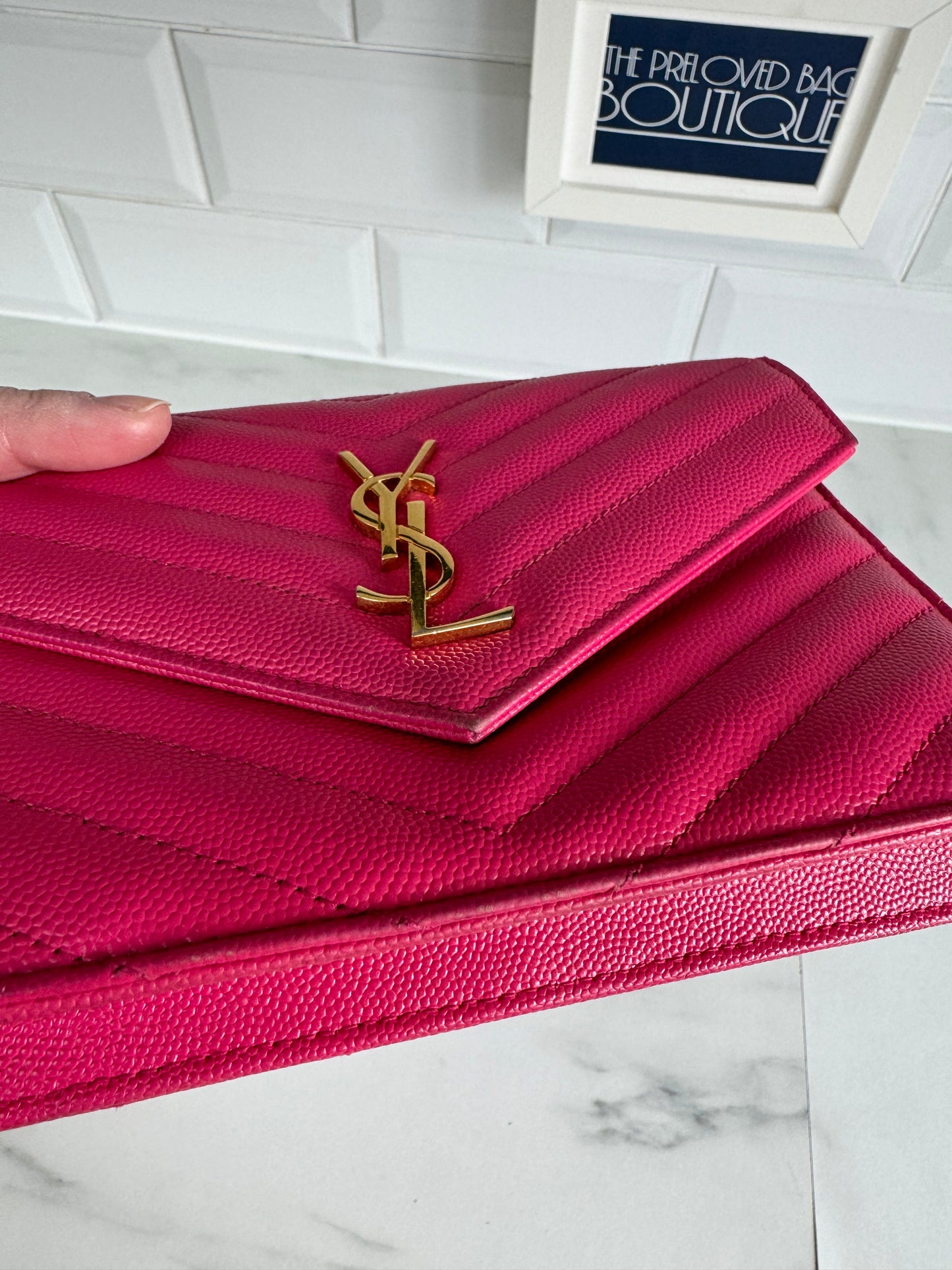 YSL/Saint Laurent Paris Cassandre Envelope Chain Wallet - Fuschia Pink