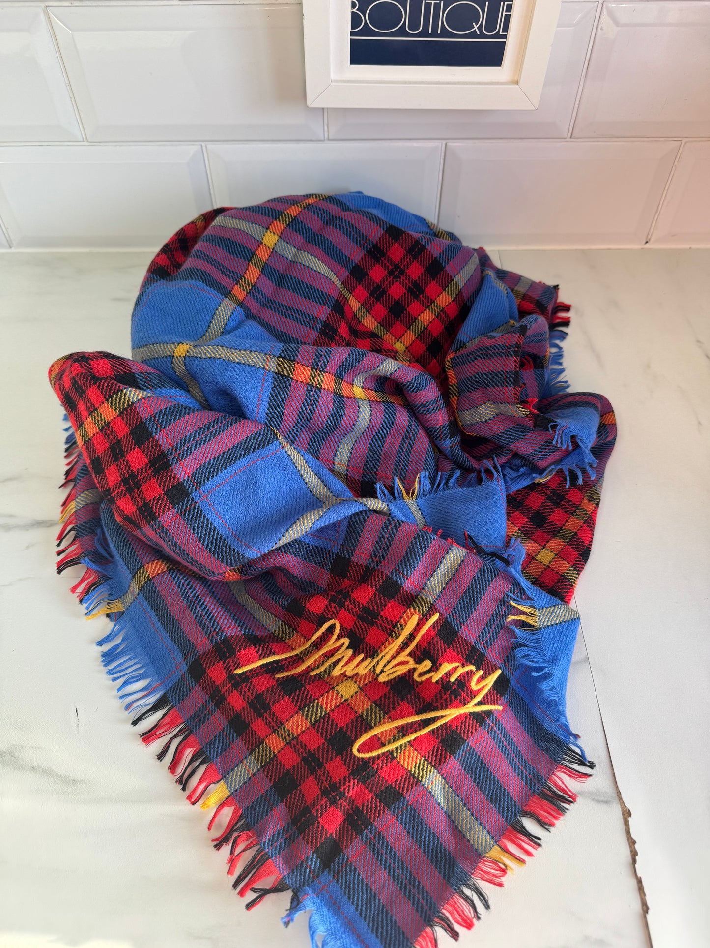 Mulberry Bright Check Light Wool Shawl/Scarf - Porcelain Blue, Yellow, Red and Black