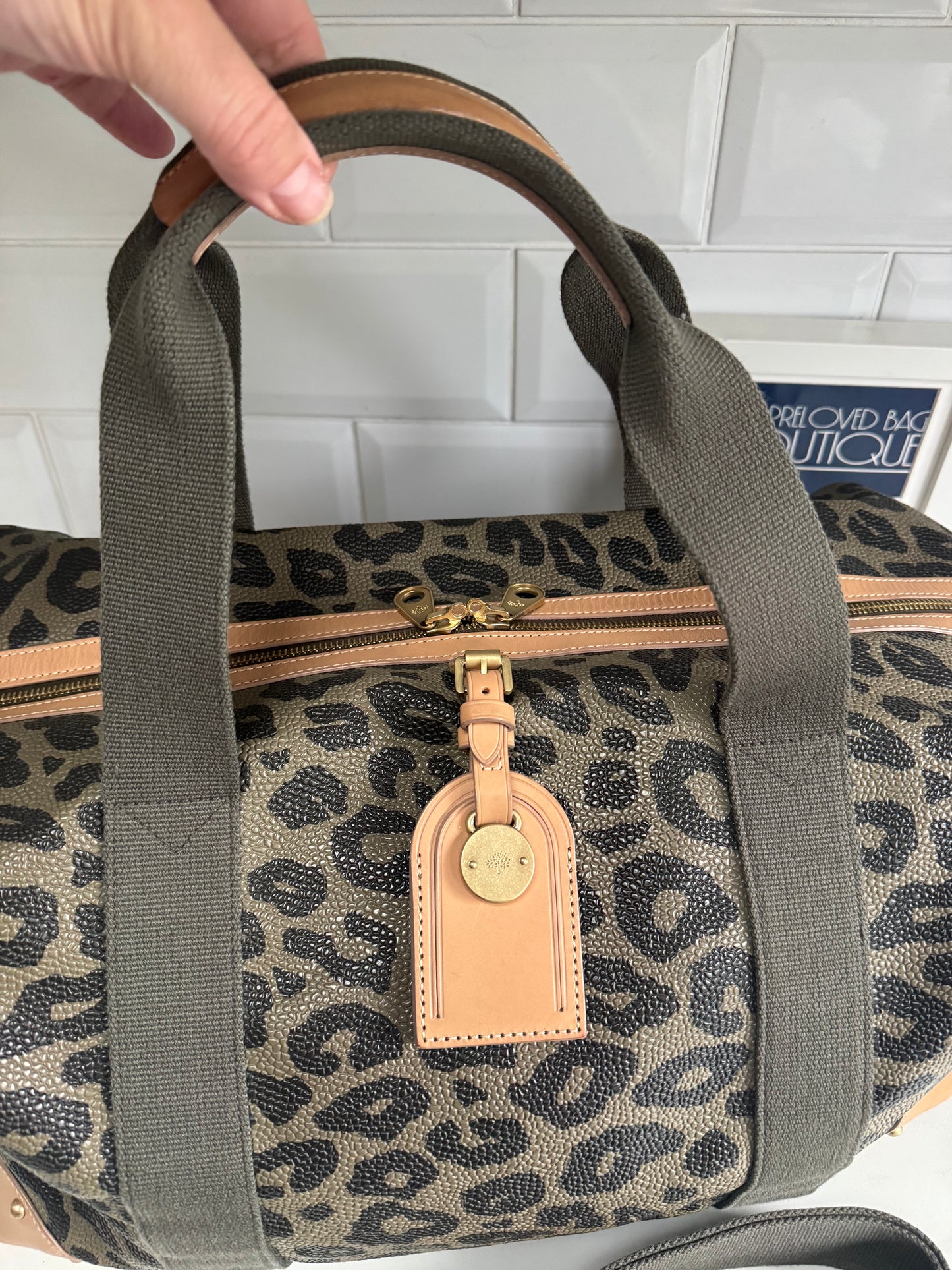 Mulberry Limited Edition Scotchgrain Birds Nest Large Clipper Holdall - Olive Green and Black Leopard Print