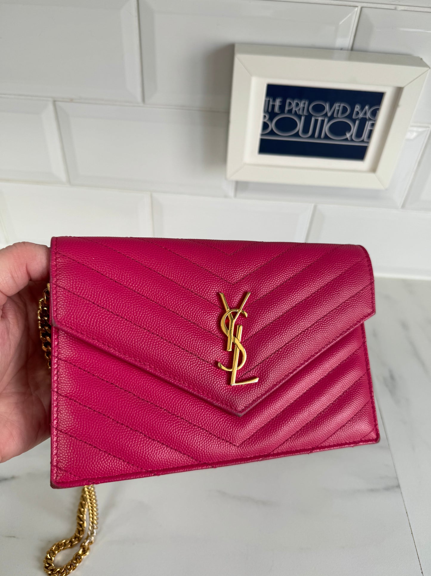 YSL/Saint Laurent Paris Cassandre Envelope Chain Wallet - Fuschia Pink