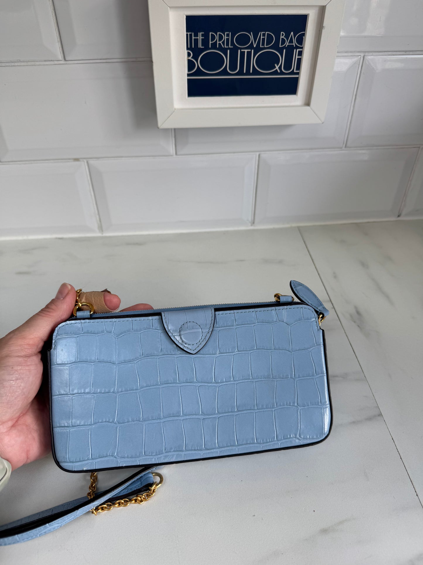Mulberry Plaque WOC (wallet on a chain) - Cornflower Blue croc embossed
