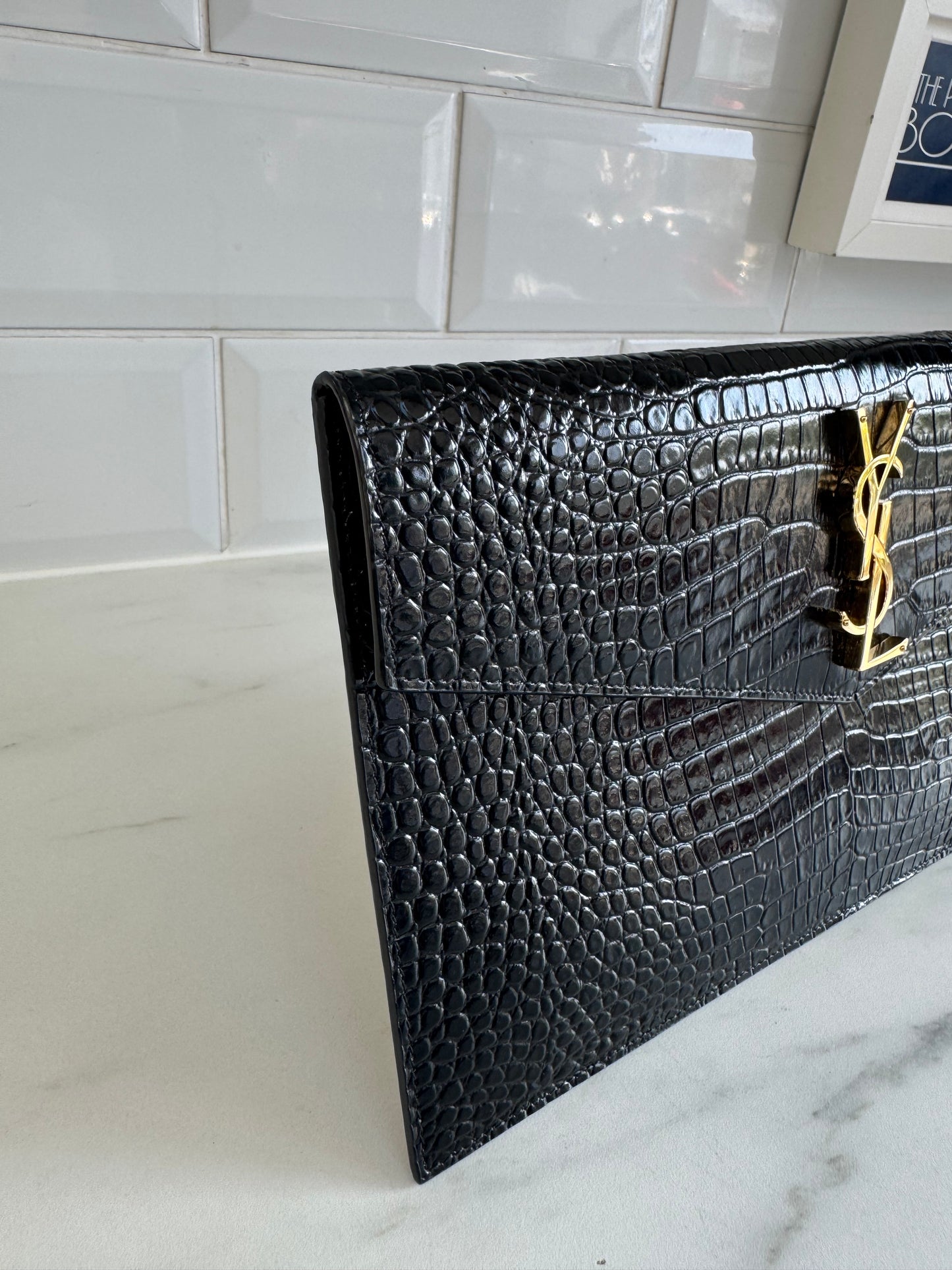 Saint Laurent (YSL) Croc Embossed Uptown Envelope Pouch - Black