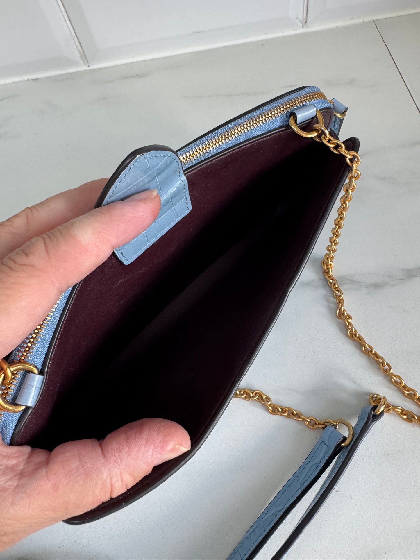 Mulberry Plaque WOC (wallet on a chain) - Cornflower Blue croc embossed
