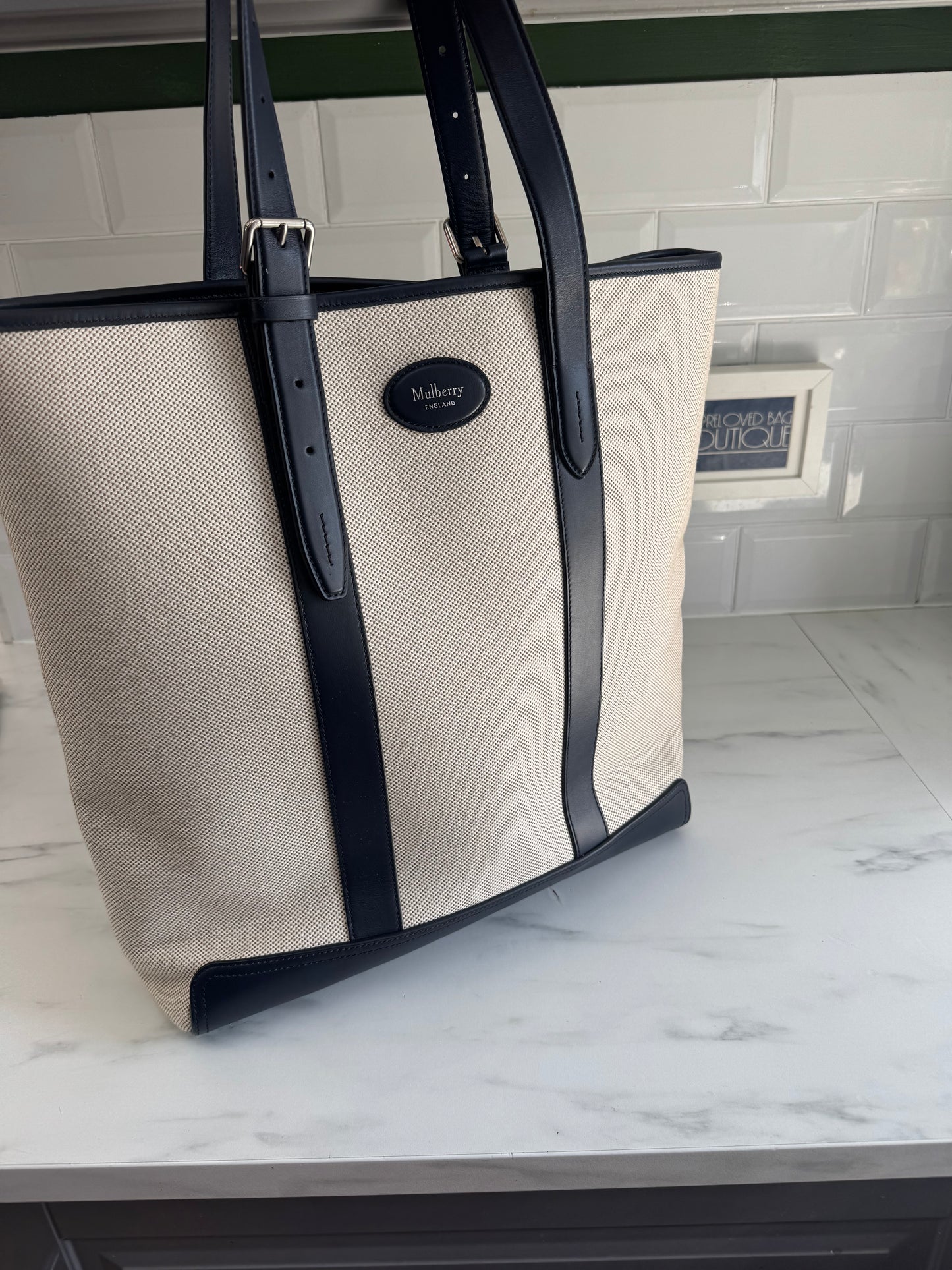 Mulberry Canvas Tote Bag - Ecru and Navy