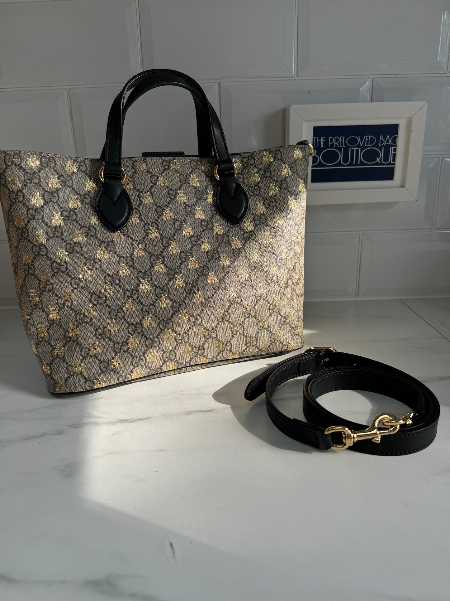 Gucci Limited Edition GGMonogram Supreme Bees Tote - Brown & Gold