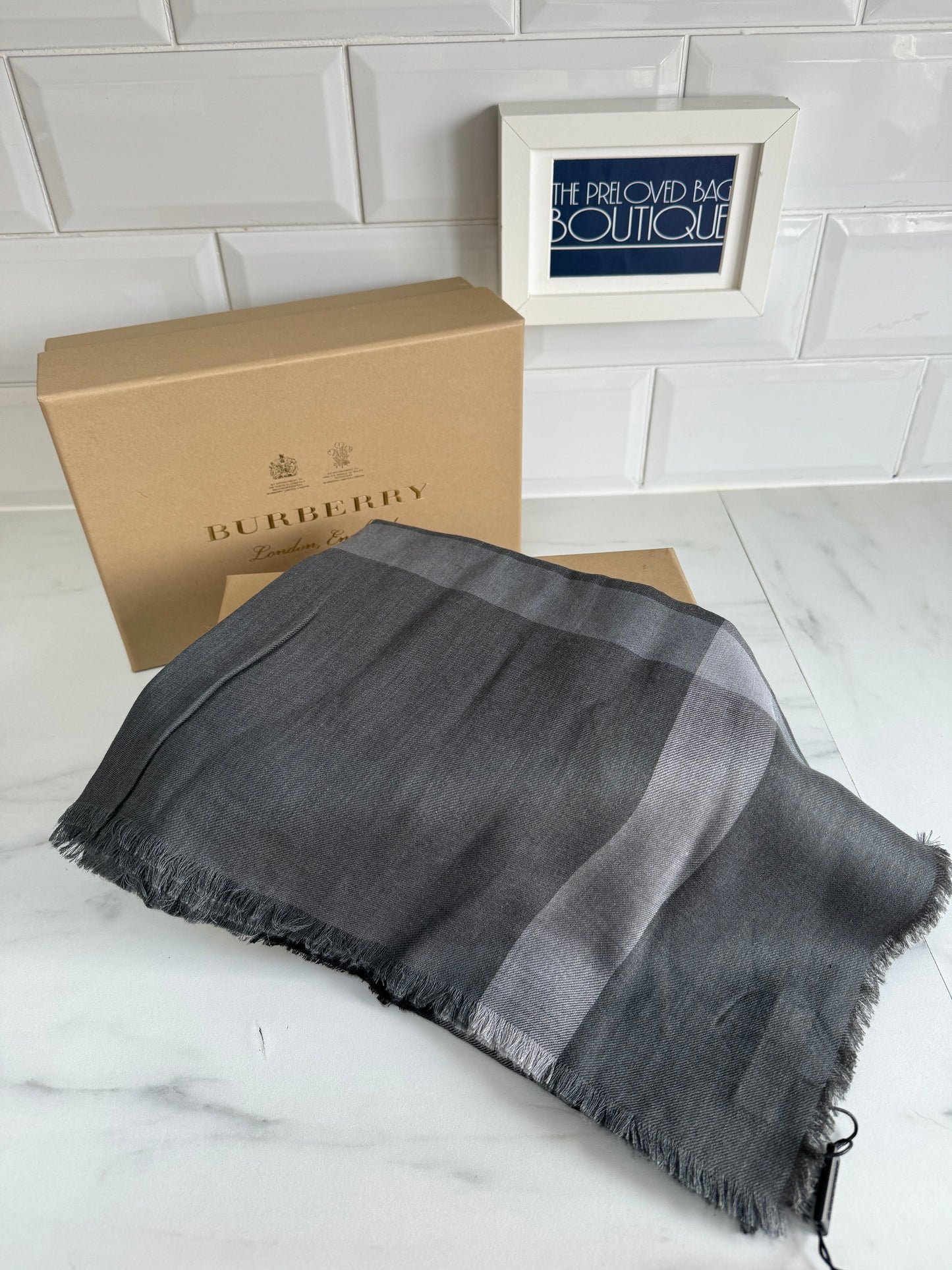 Burberry Scarf/Shawl - White, Black & Grey