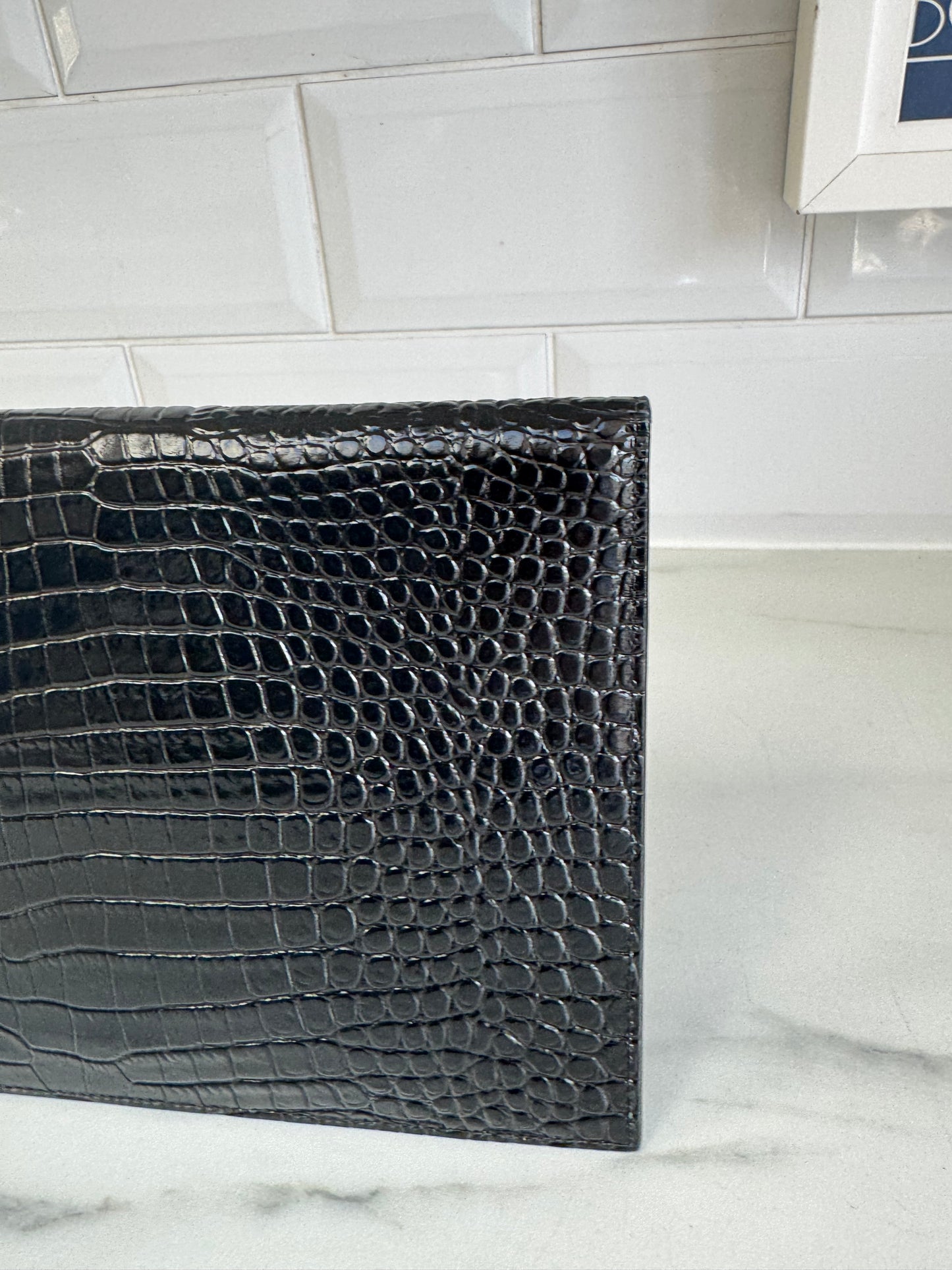 Saint Laurent (YSL) Croc Embossed Uptown Envelope Pouch - Black
