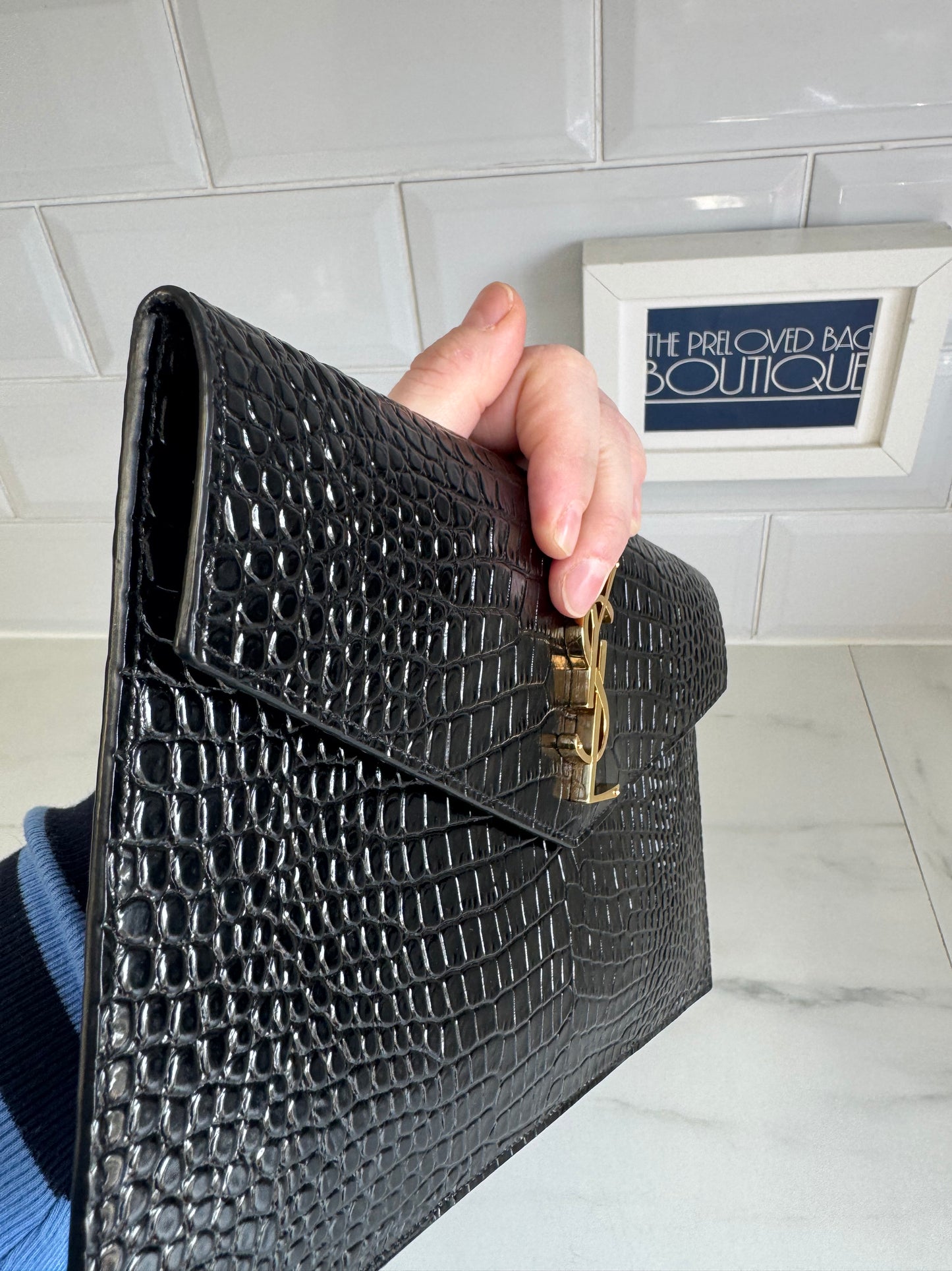 Saint Laurent (YSL) Croc Embossed Uptown Envelope Pouch - Black