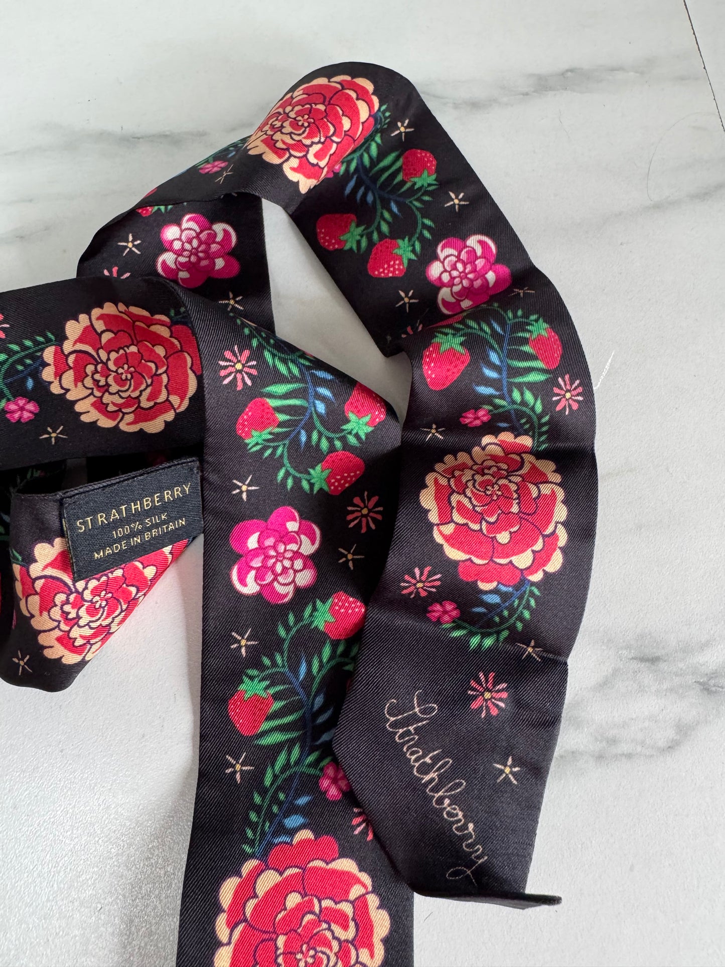 Strathberry Silk Scarf / Twilly - Black Floral