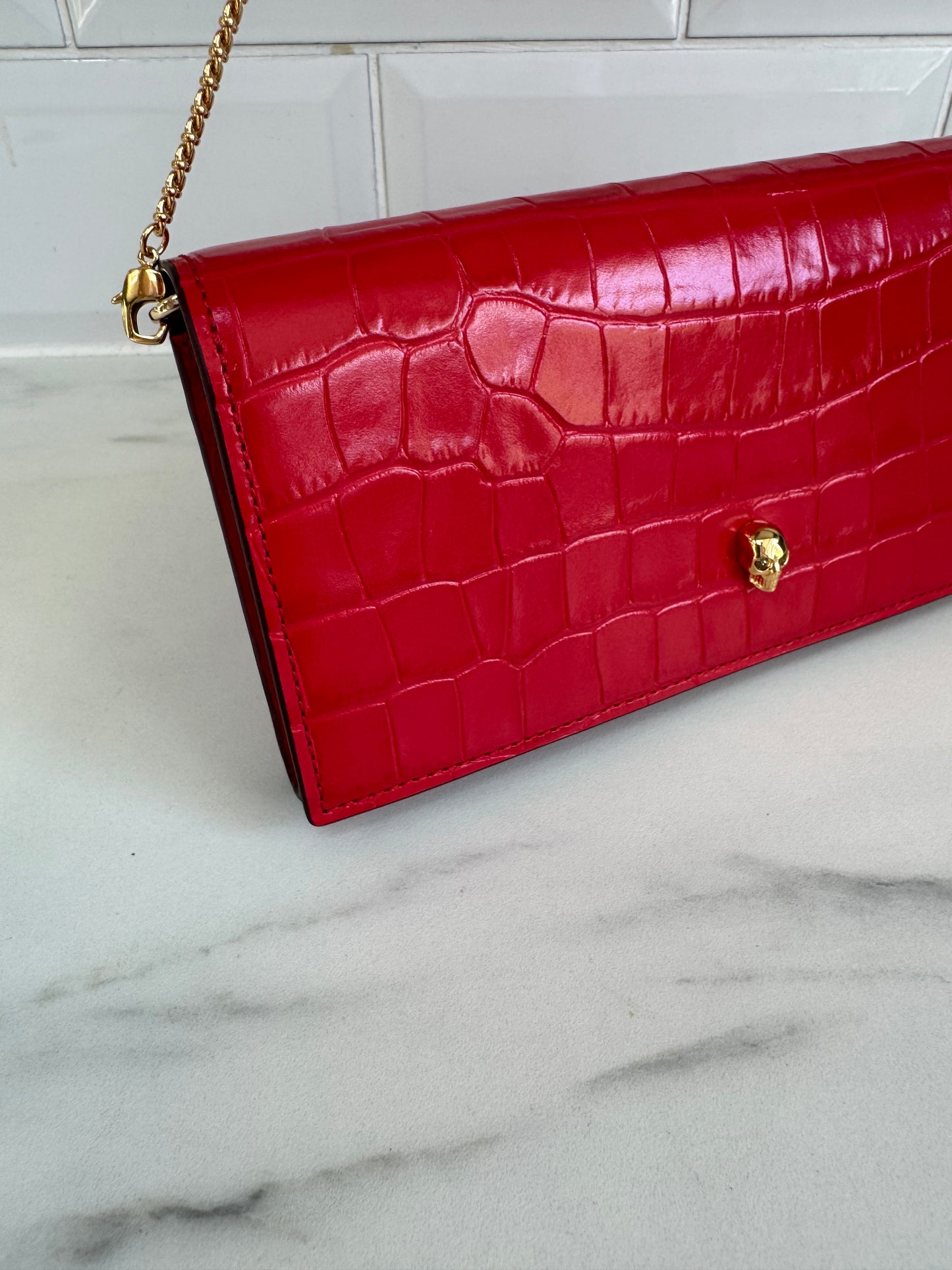 Alexander McQueen Small Skull Croc Embossed WOC - Red
