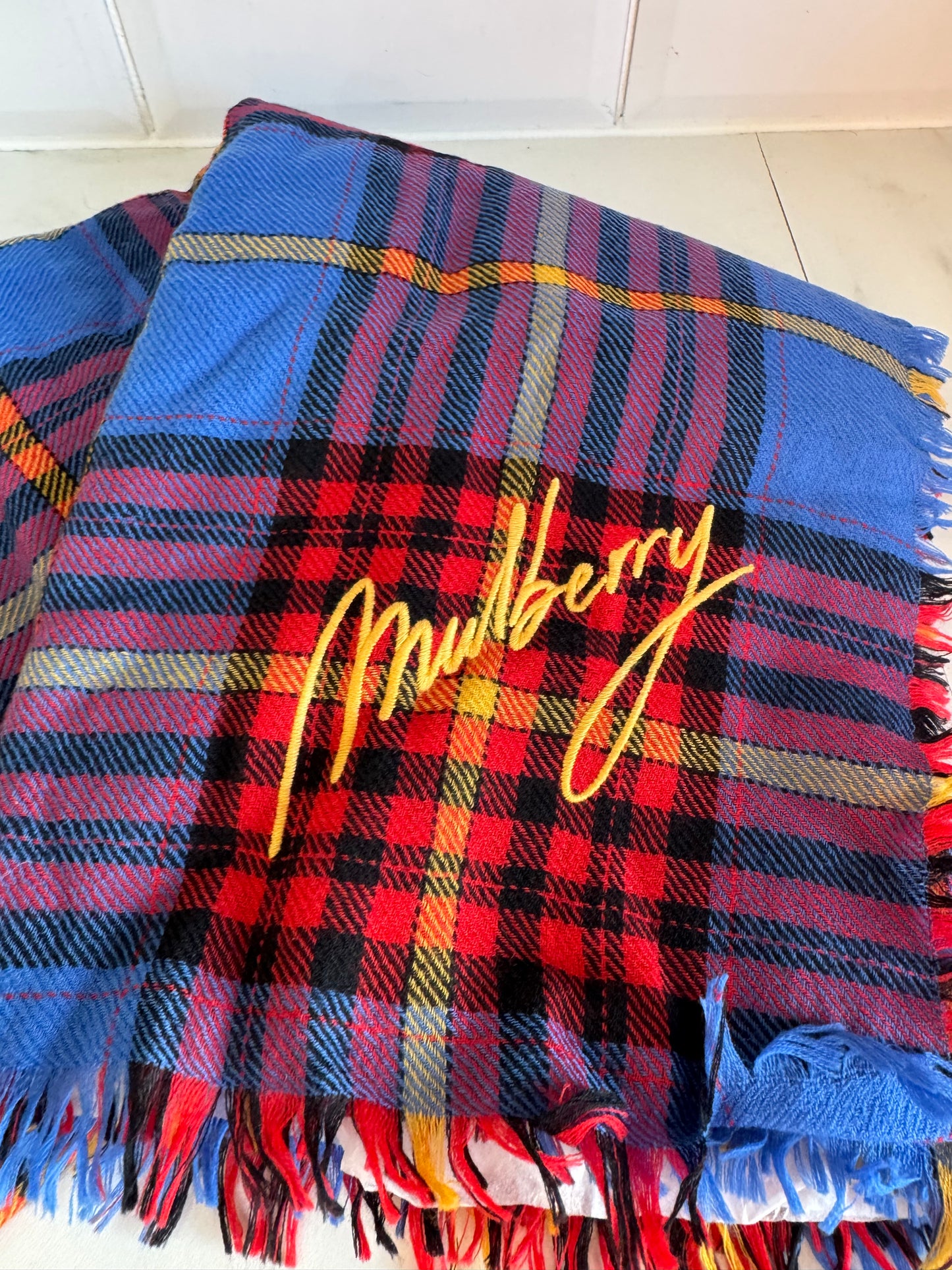 Mulberry Bright Check Light Wool Shawl/Scarf - Porcelain Blue, Yellow, Red and Black