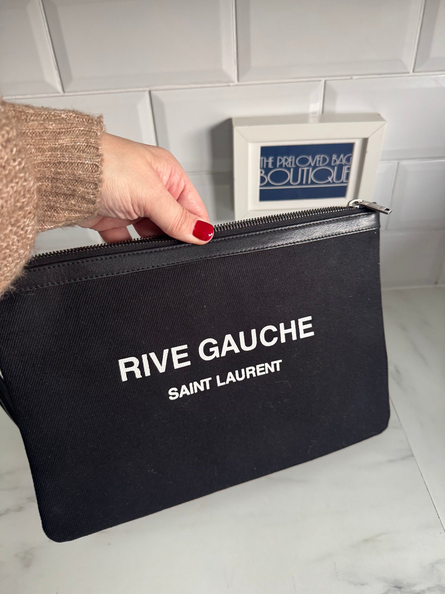 Saint Laurent (YSL) Rive Gauche Wristlet Pouch - Black and White
