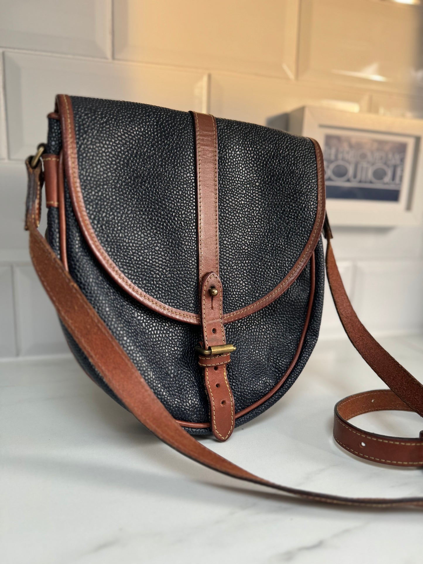 Mulberry Vintage Scotchgrain Saddle Bag - Black & Cognac