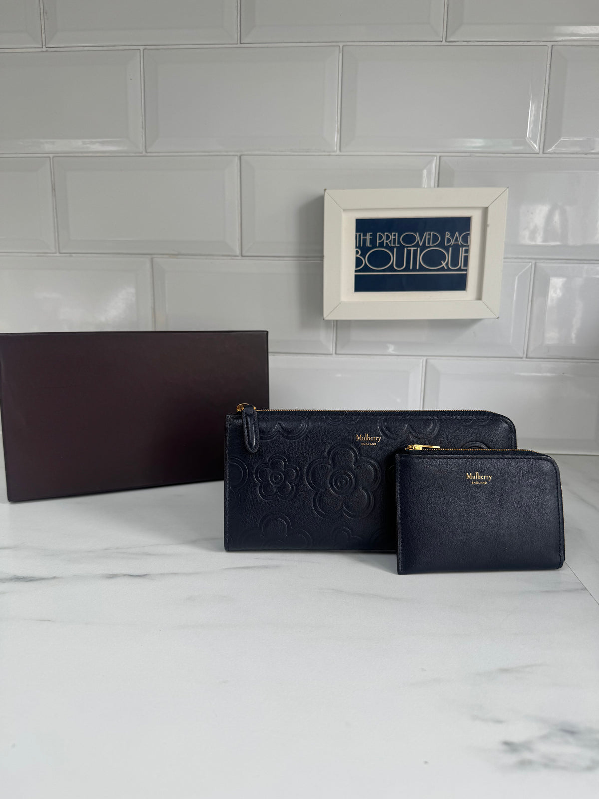 Mulberry Flower Embossed Long Zip around Purse and Card Holder - Navy Blue
